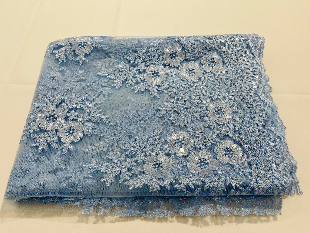 Floral Lace Fabric - Baby Blue - Flower Cluster Embroidery Design With Sequins on a Mesh