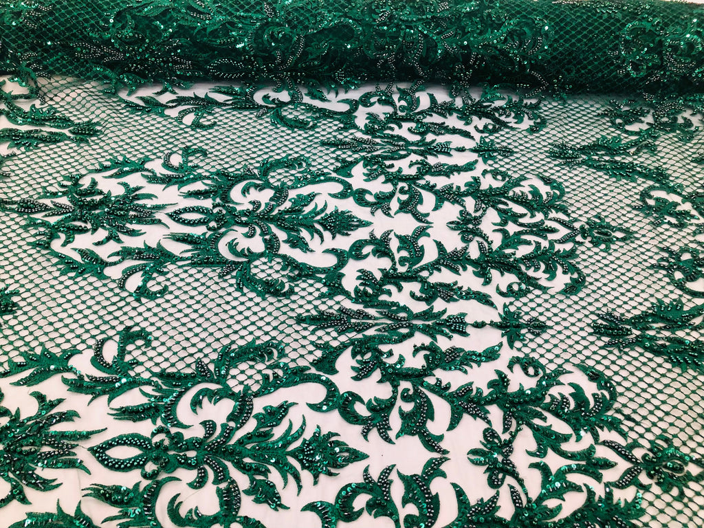 Hunter Green Beaded Fabric - Hand Embroidery Lace Bridal Floral Mesh Dress Fabric By Yard