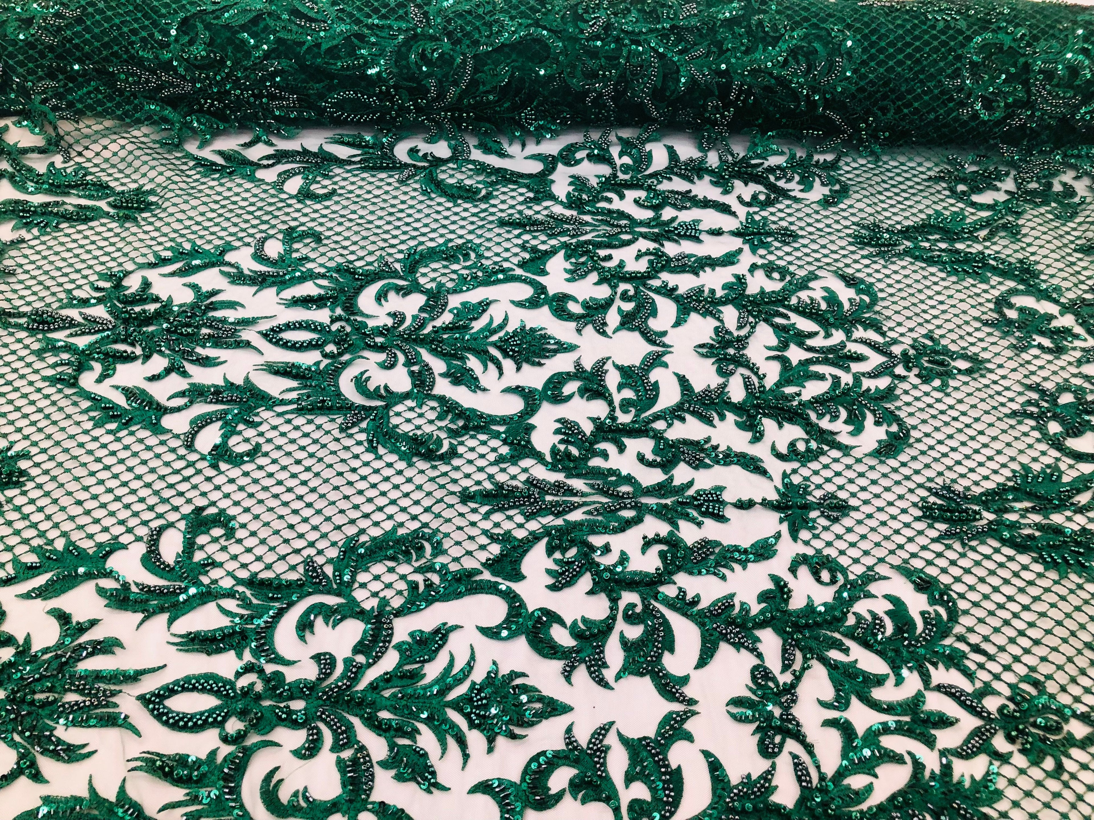 Hunter Green Beaded Fabric - Hand Embroidery Lace Bridal Floral Mesh Dress Fabric By Yard