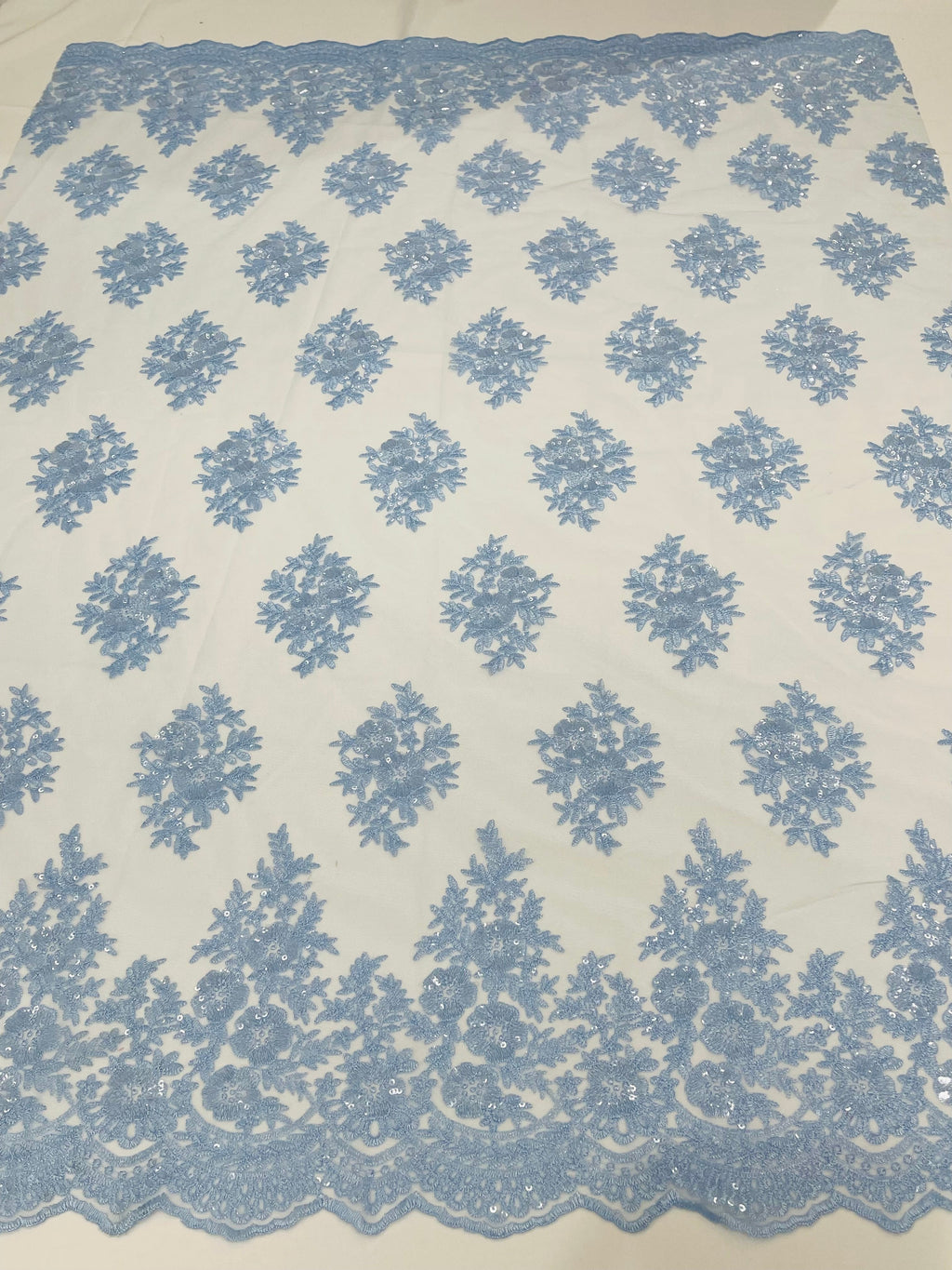 Floral Lace Fabric - Baby Blue - Flower Cluster Embroidery Design With Sequins on a Mesh