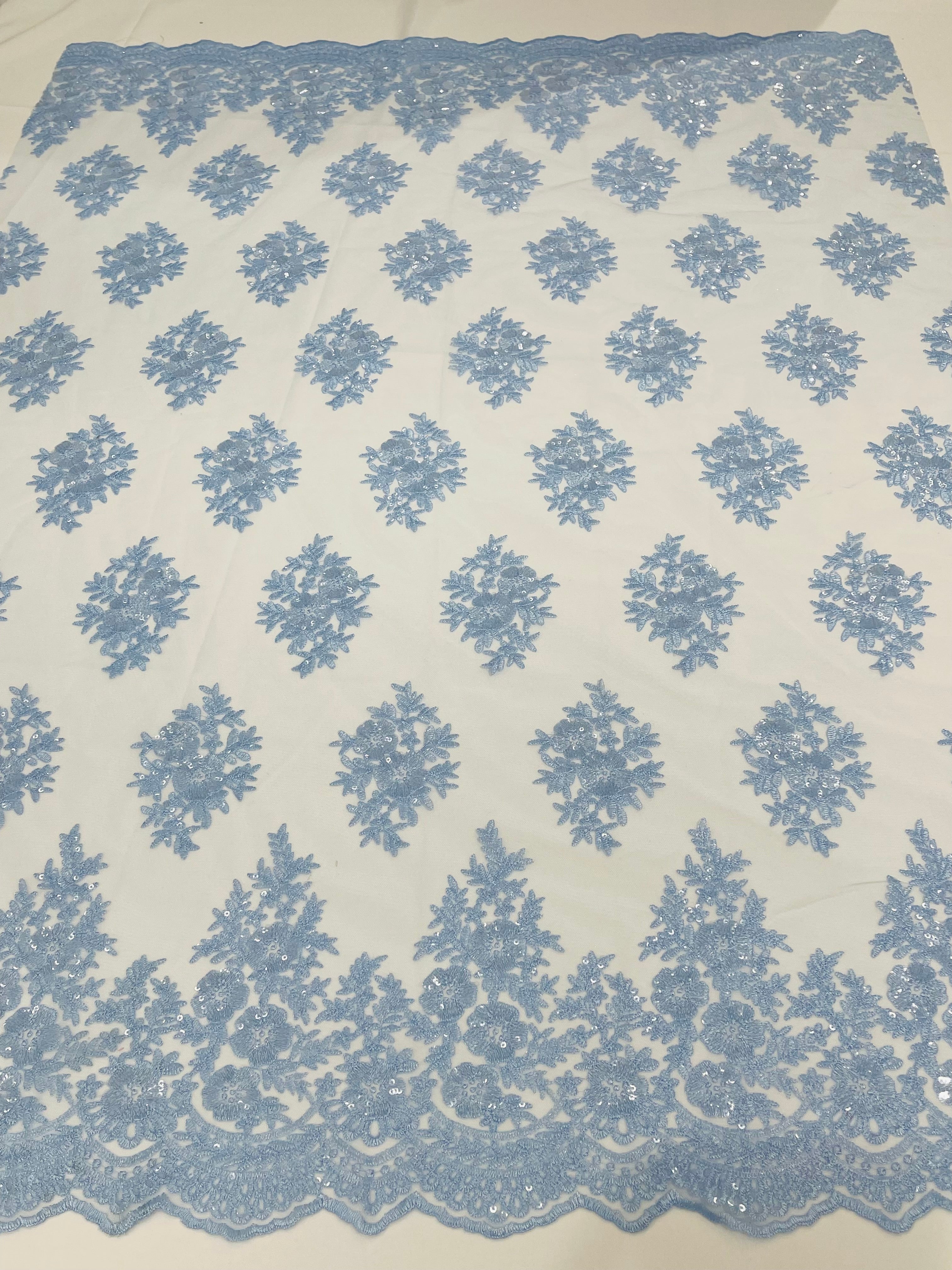 Floral Lace Fabric - Baby Blue - Flower Cluster Embroidery Design With Sequins on a Mesh