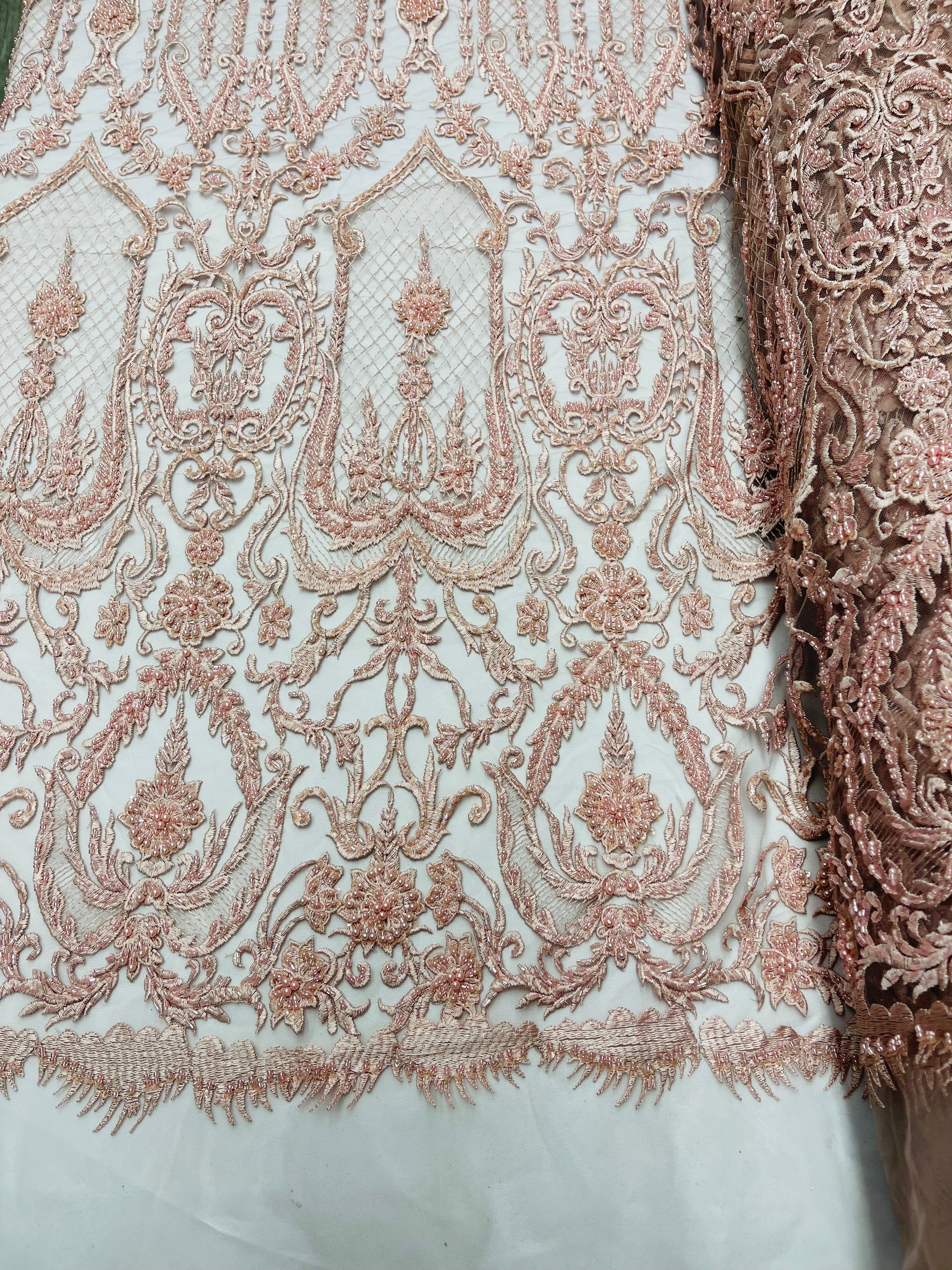 Blush Pink Beaded Damask Fabric - by the yard - Embroidered with Beads and Sequins on Mesh Fabric