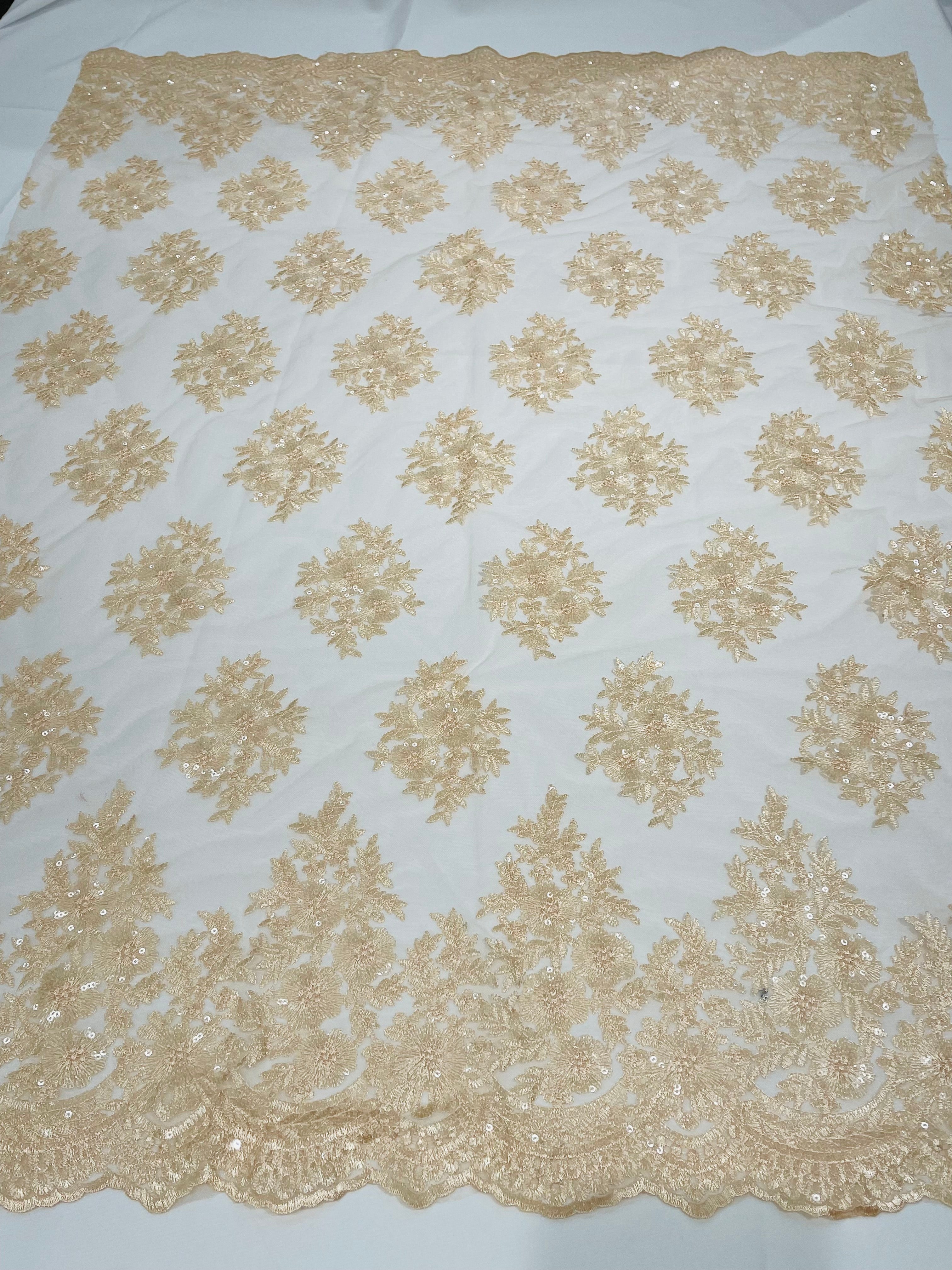 Floral Lace Fabric - Peach - Flower Cluster Embroidery Design With Sequins on a Mesh