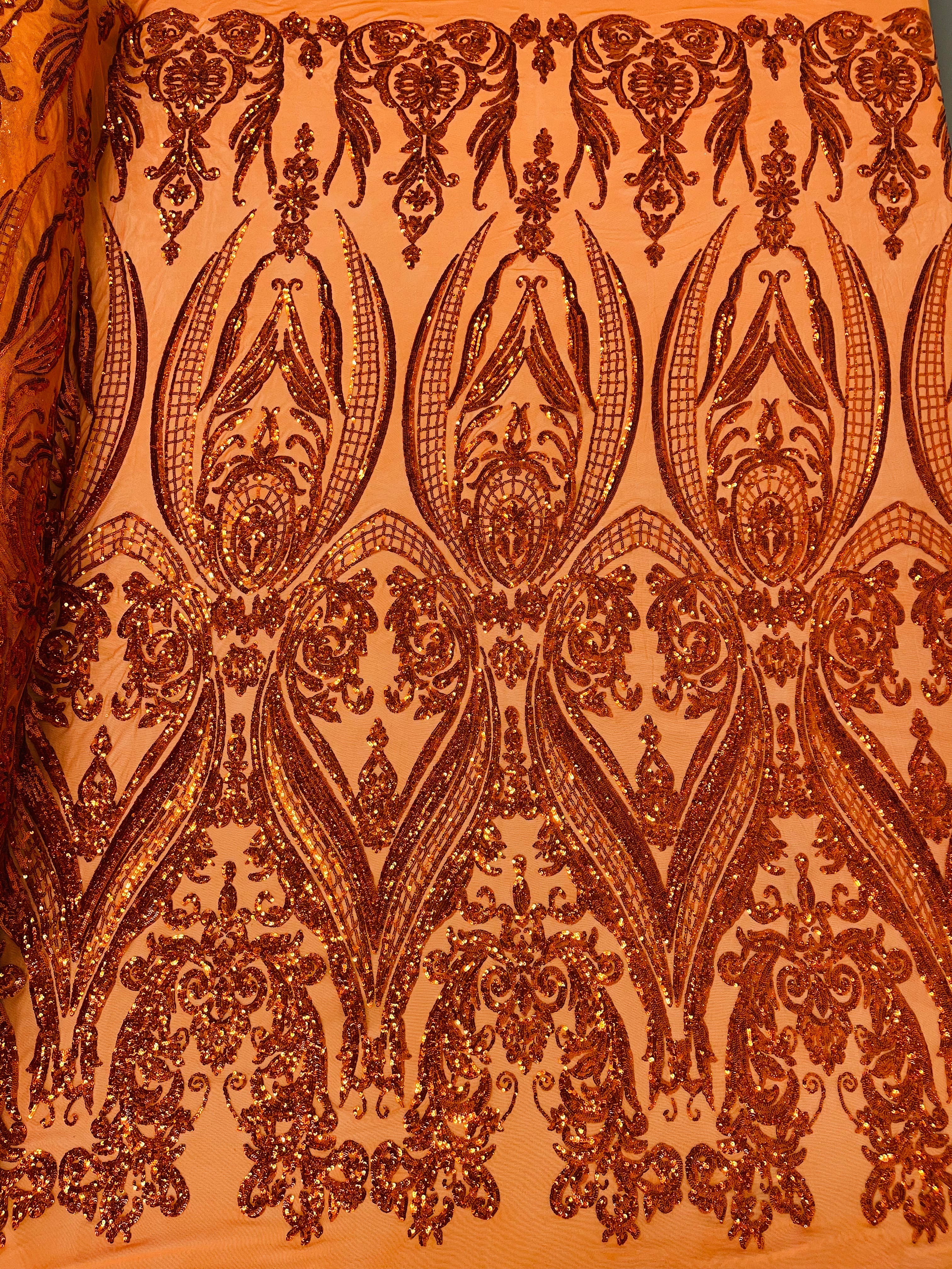 Big Damask Sequins Fabric - Burnt Orange - 4 Way Stretch Damask Sequins Design Fabric By Yard