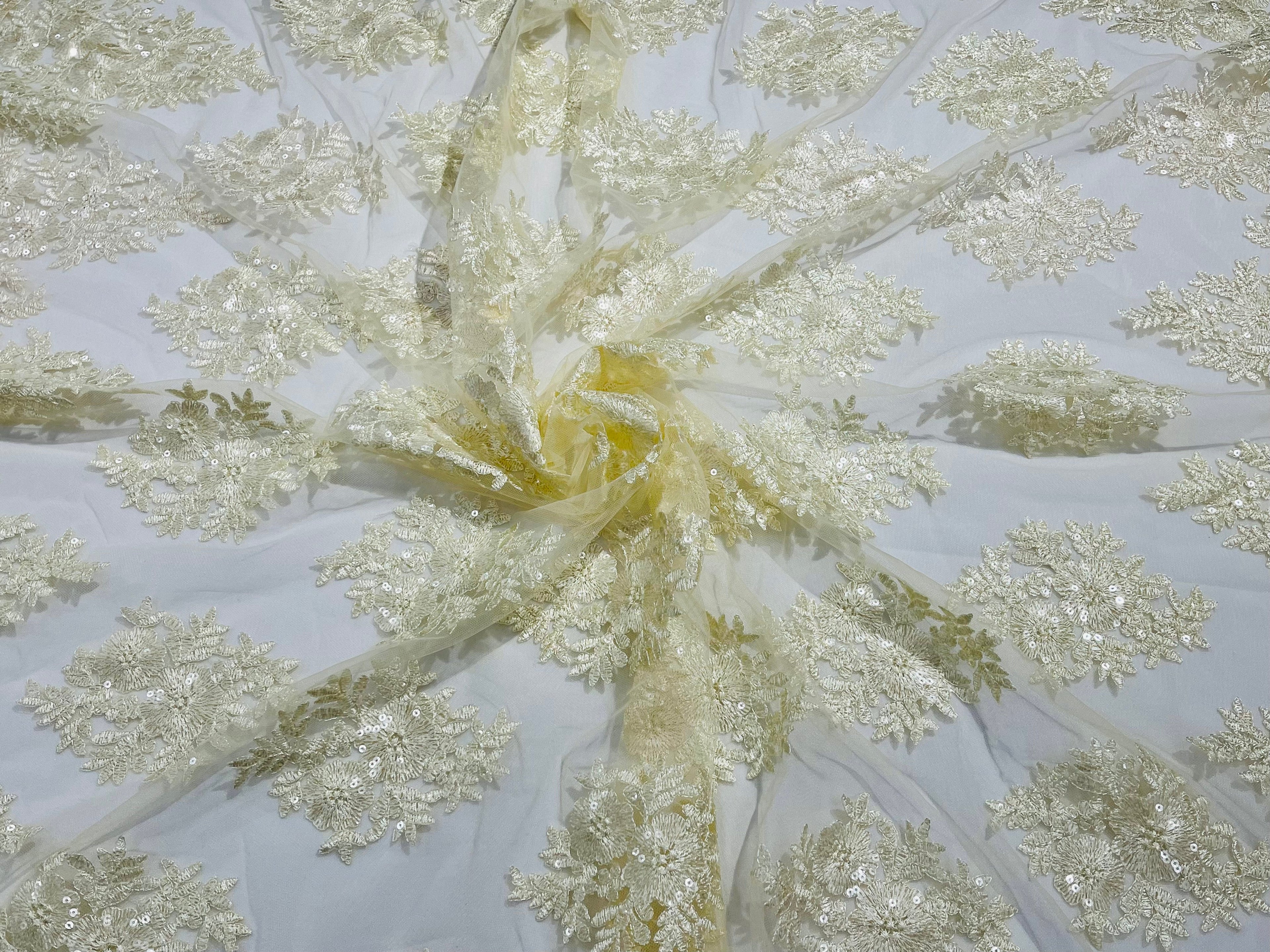Floral Lace Fabric - Ivory/Cream - Flower Cluster Embroidery Design With Sequins on a Mesh