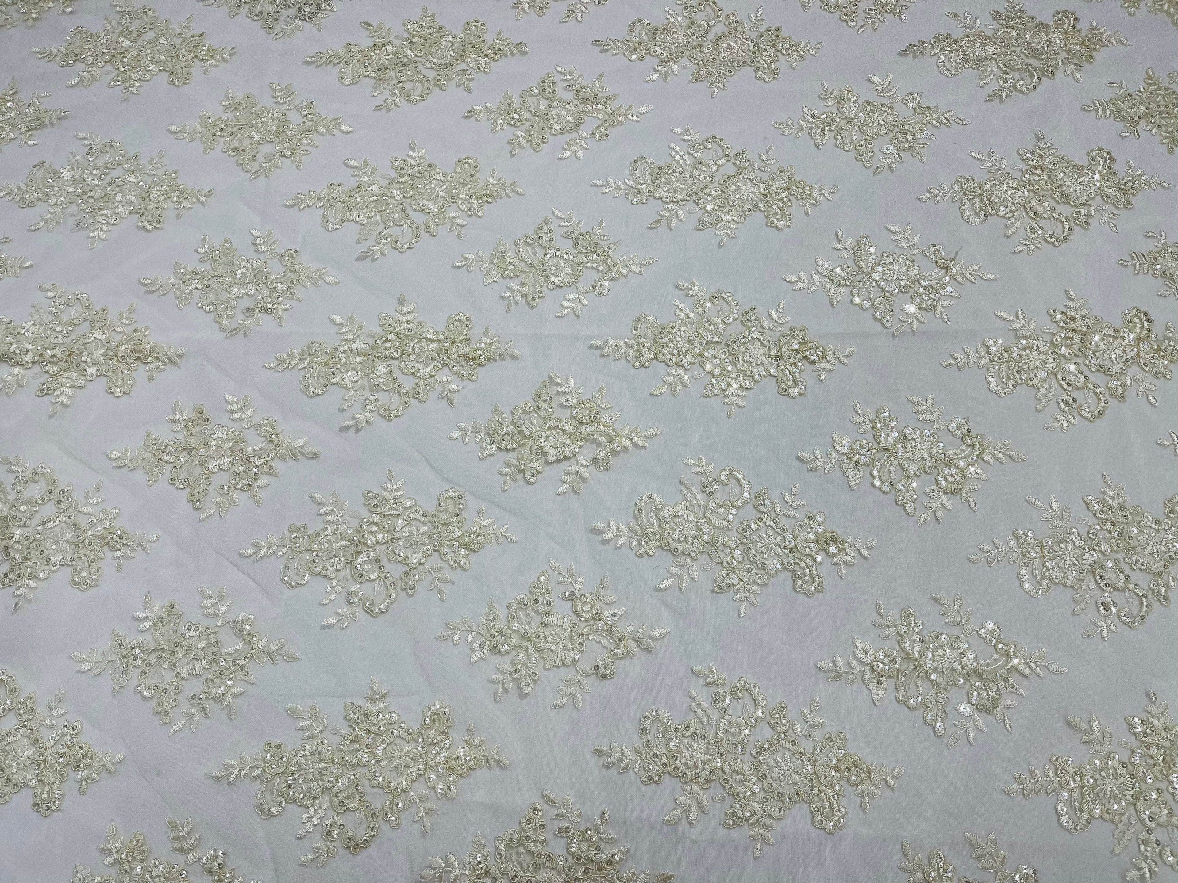 Ivory Floral Lace Fabric - by the yard - Corded Flower Embroidery Design With Sequins on a Mesh