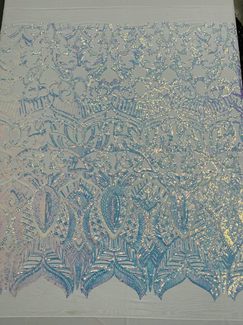 Clear Iridescent Sequin Fabric - 4 Way Stretch Embroidered Royalty Sequins Design Fabric By Yard