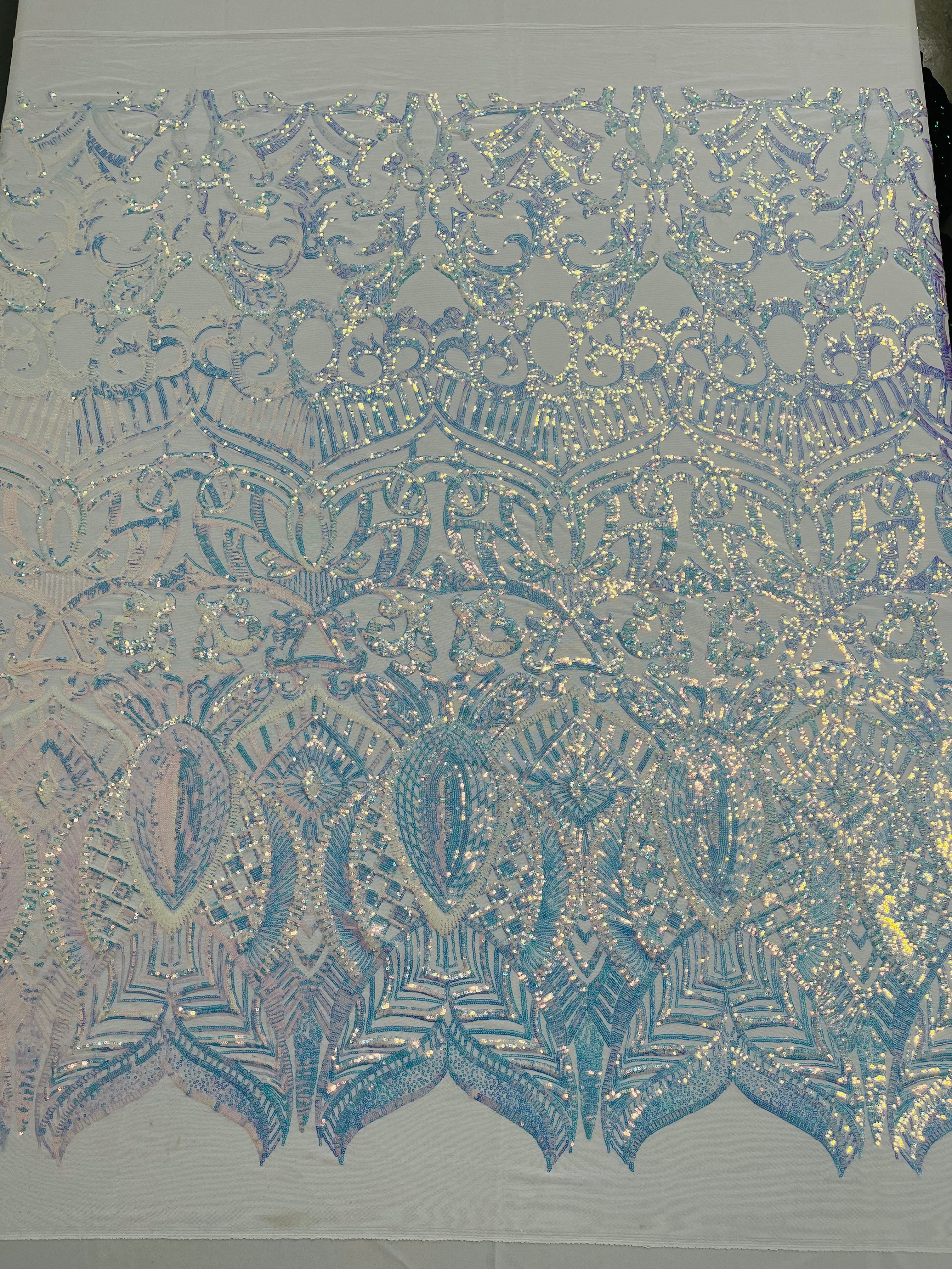 Clear Iridescent Sequin Fabric - 4 Way Stretch Embroidered Royalty Sequins Design Fabric By Yard