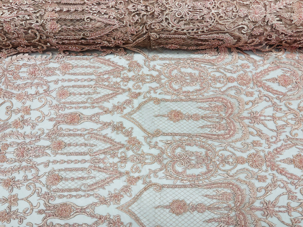 Blush Peach Beaded Damask Fabric - by the yard - Embroidered with Beads and Sequins on Mesh Fabric