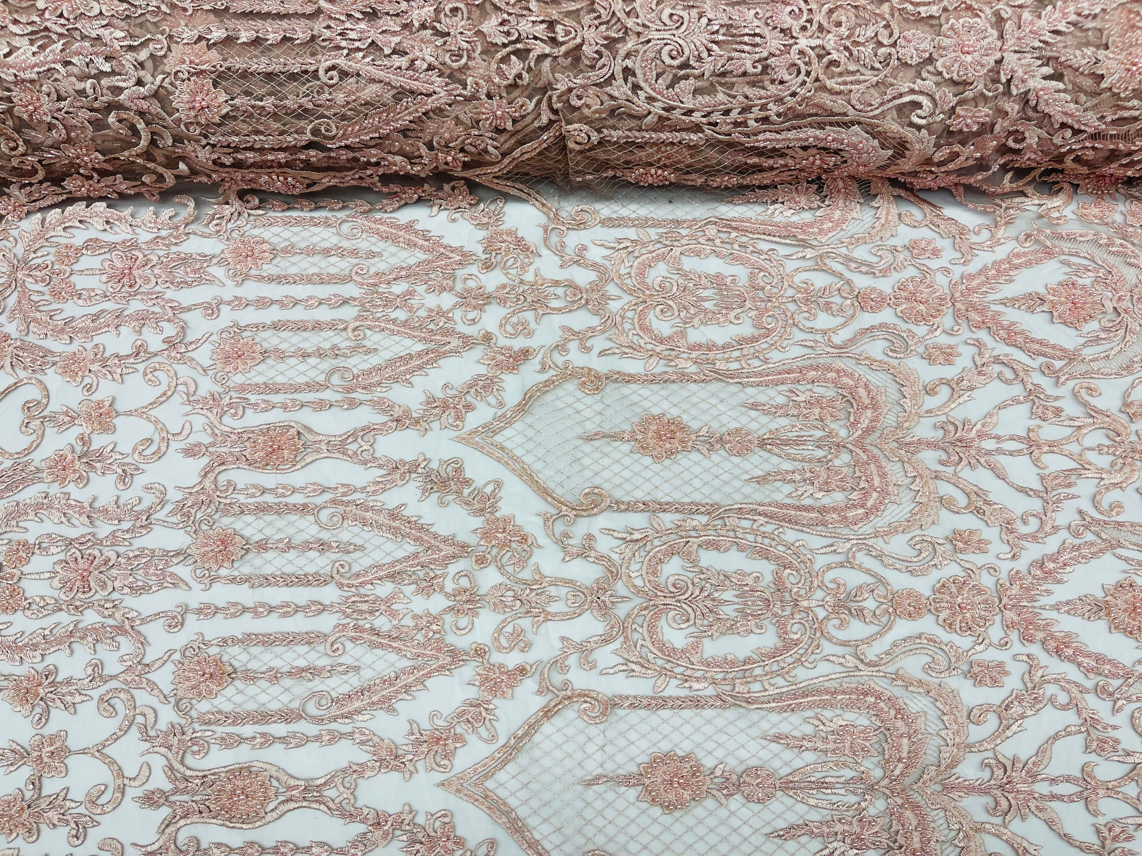 Blush Peach Beaded Damask Fabric - by the yard - Embroidered with Beads and Sequins on Mesh Fabric