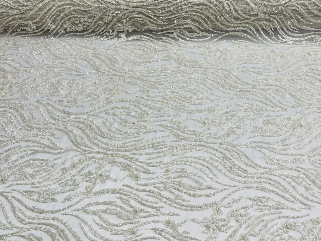 Off White Beaded Fabric - by the yard - Fancy Embroidered Zebra Design with Beads on Mesh Fabric