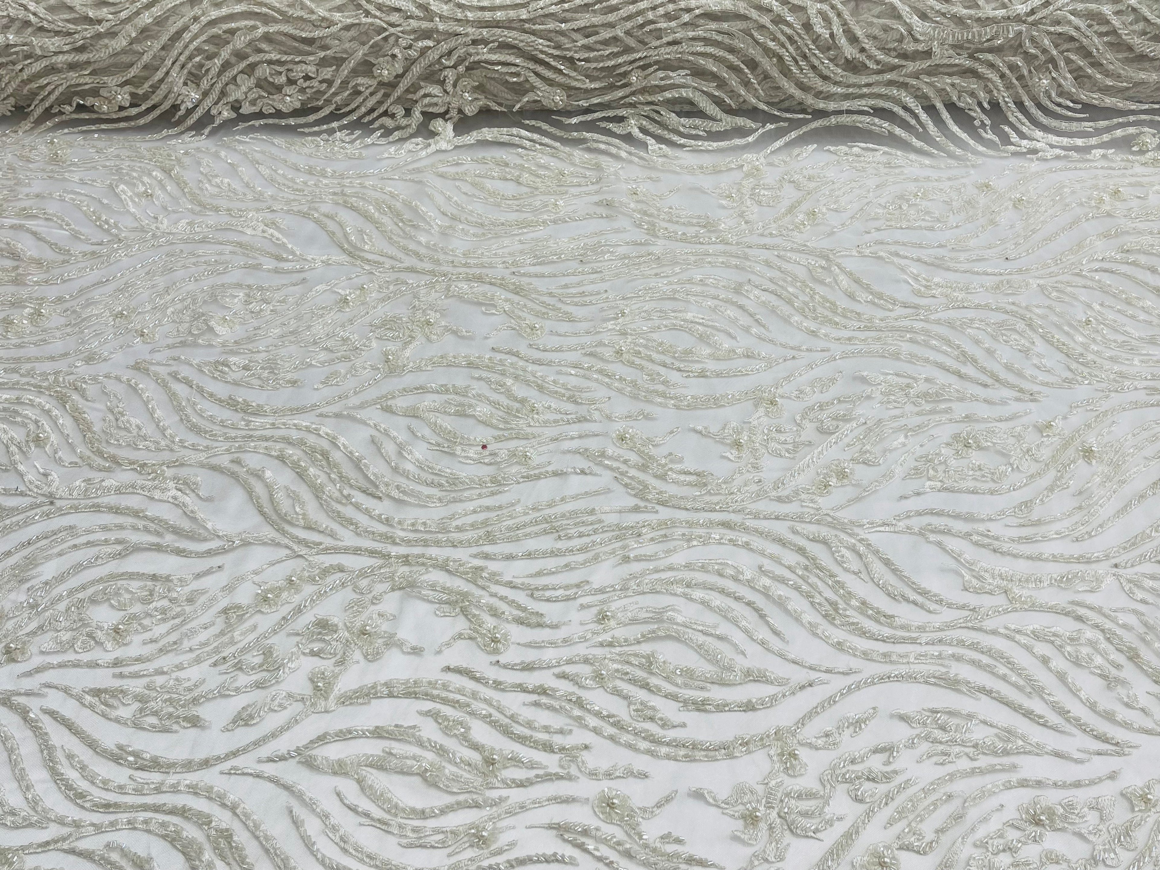 Off White Beaded Fabric - by the yard - Fancy Embroidered Zebra Design with Beads on Mesh Fabric