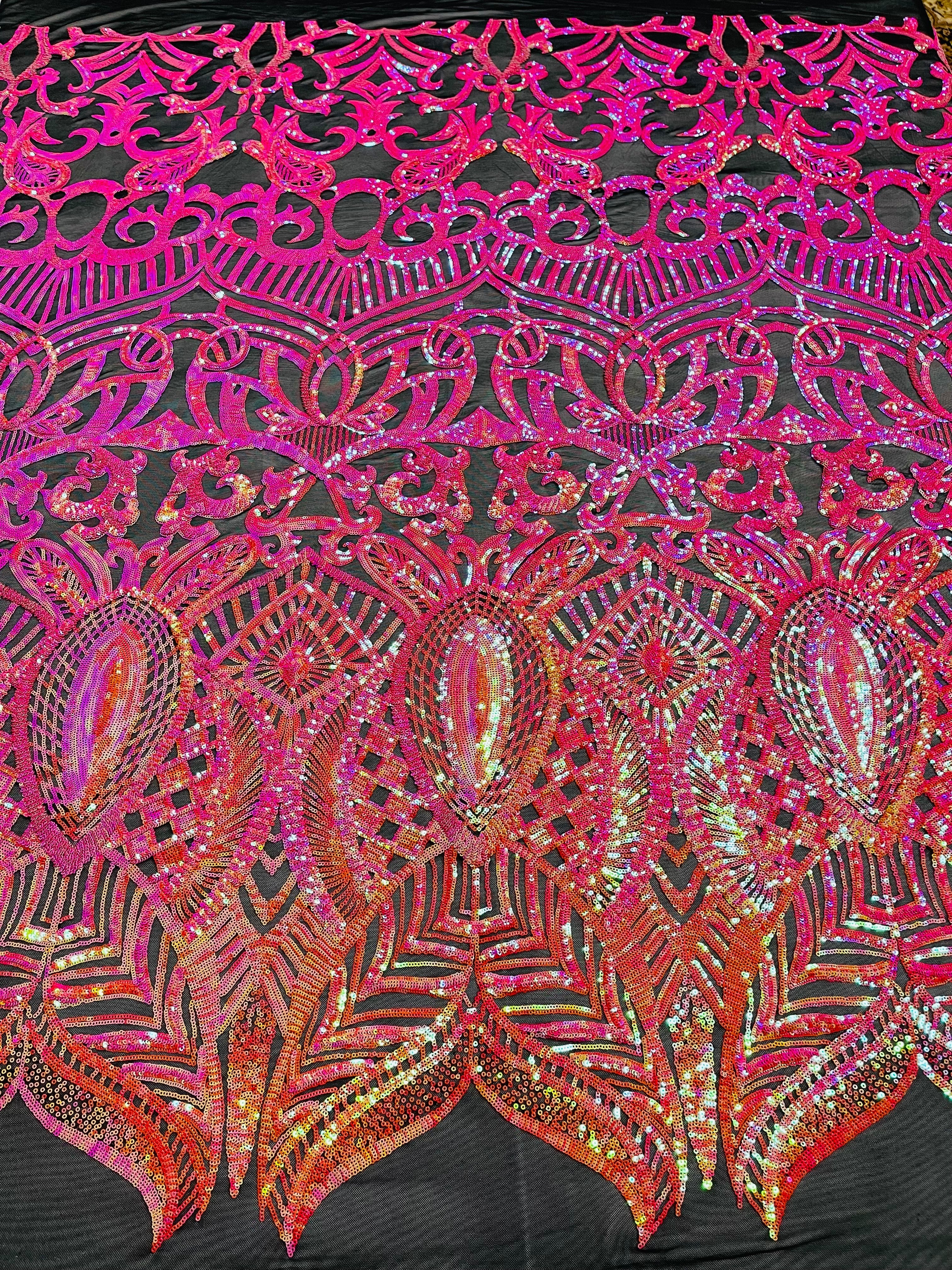 Orange/Fuchsia Iridescent - 4 Way Stretch Embroidered Royalty Sequins Design Fabric By Yard