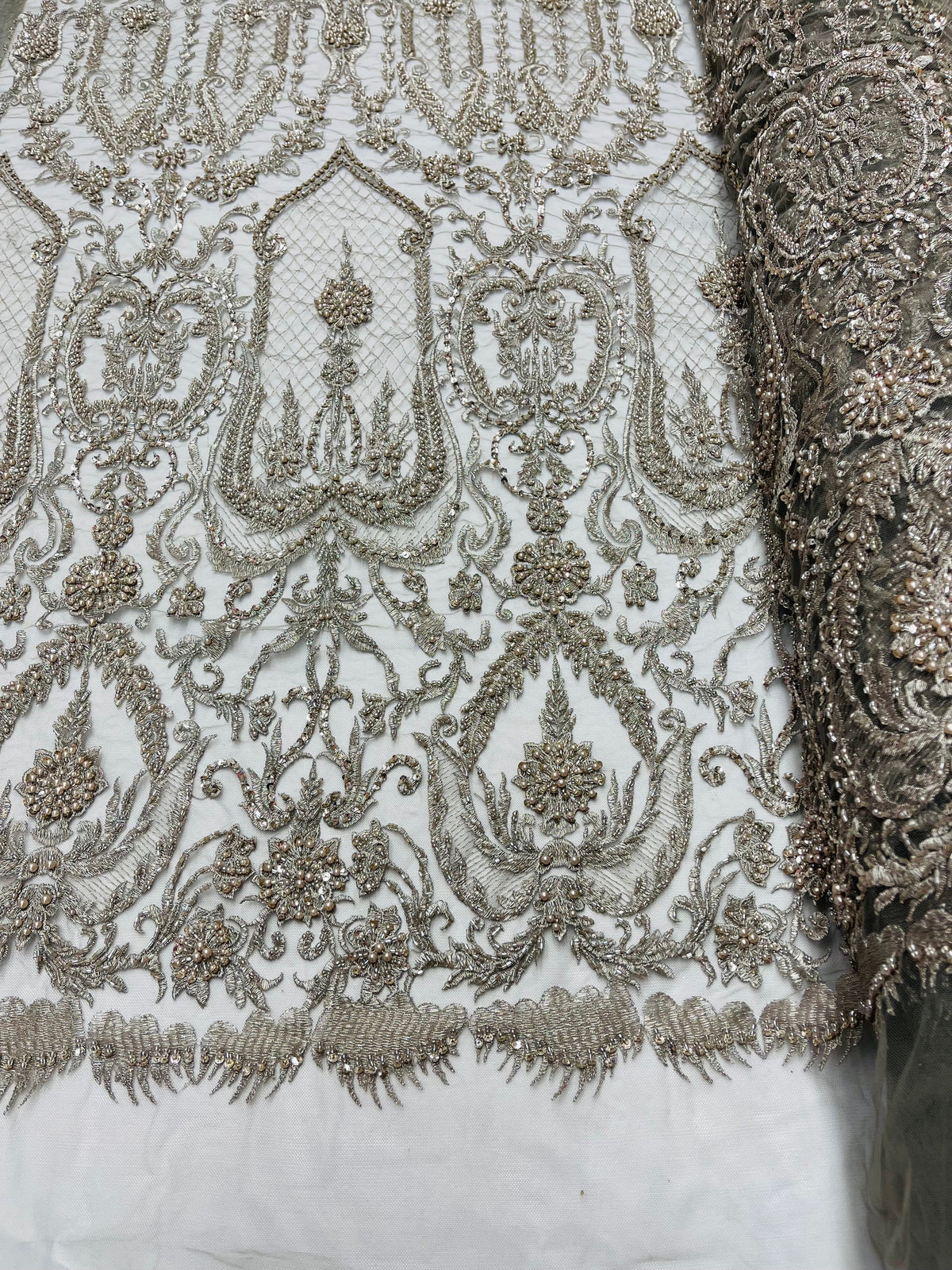 Silver Beaded Damask Fabric - by the yard - Embroidered with Beads and Sequins on Mesh Fabric