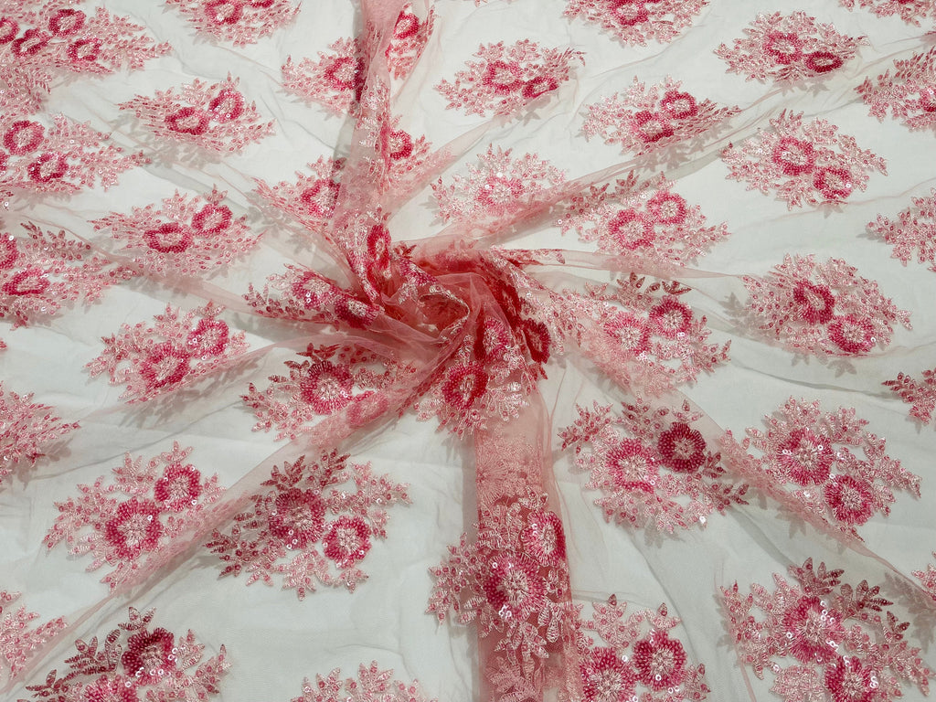 Floral Lace Fabric - Pink - Flower Cluster Embroidery Design With Sequins on a Mesh
