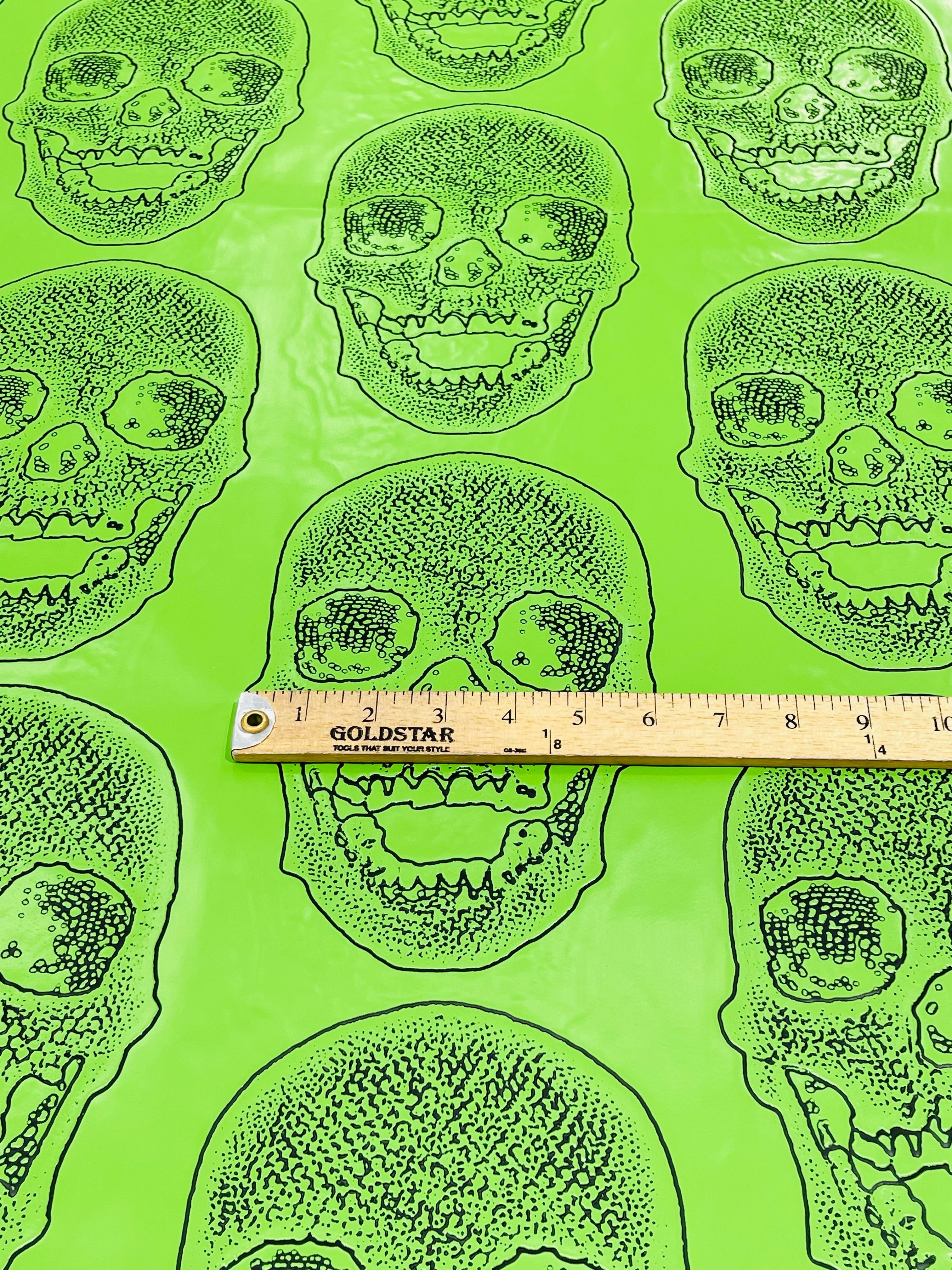 Big Skull Vinyl Fabric - Lime Green - Upholstery Faux Leather 54” Wide By Yard