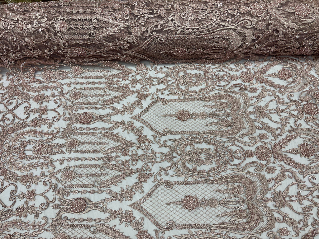 Mauve Beaded Damask Fabric - by the yard - Embroidered with Beads and Sequins on Mesh Fabric