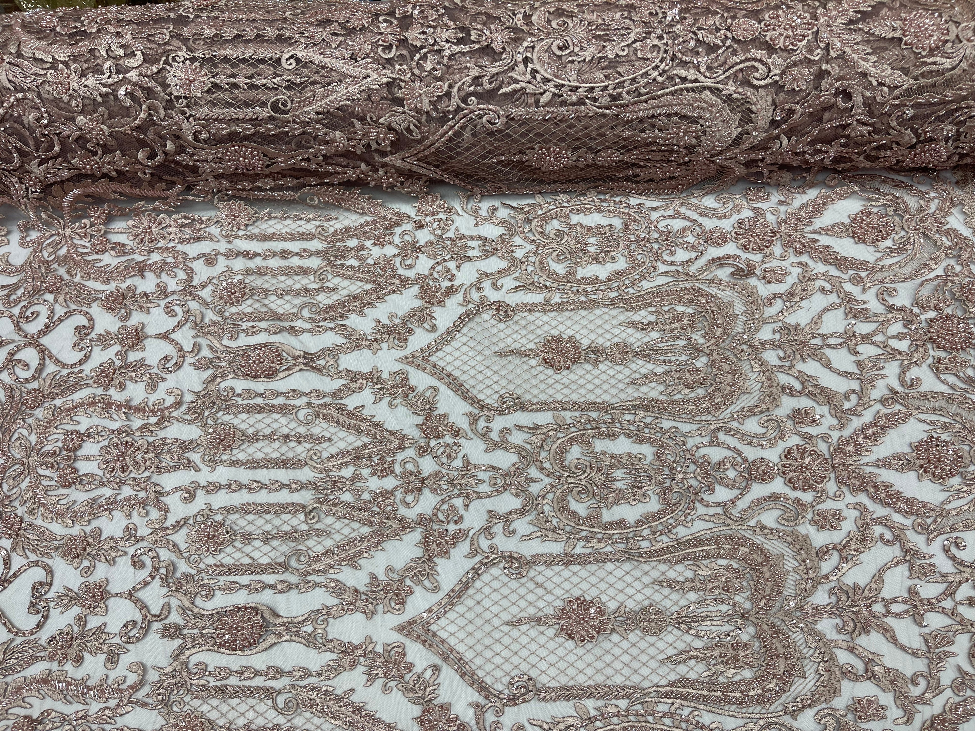 Mauve Beaded Damask Fabric - by the yard - Embroidered with Beads and Sequins on Mesh Fabric
