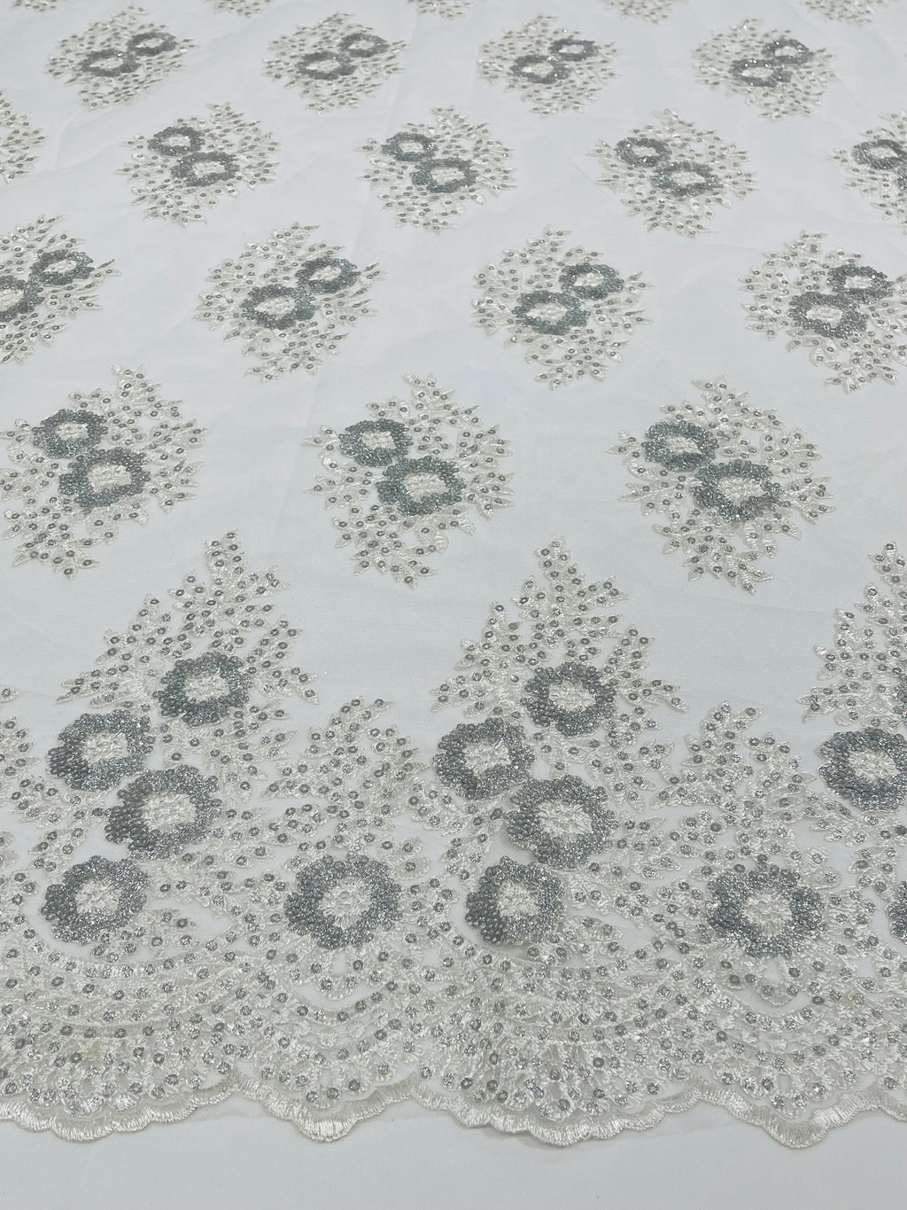 Floral Lace Fabric - Off-White - Flower Cluster Embroidery Design With Sequins on a Mesh