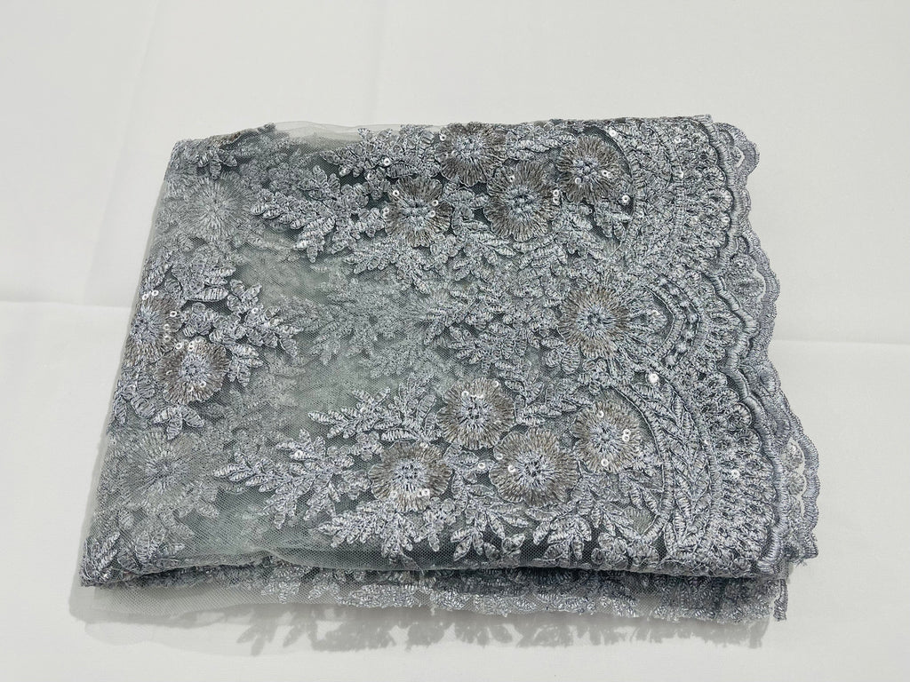 Floral Lace Fabric - Silver - Flower Cluster Embroidery Design With Sequins on a Mesh