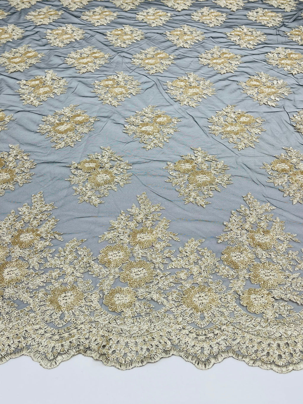 Floral Lace Fabric - Gold on Black Mesh - Flower Cluster Embroidery Design With Sequins on a Mesh
