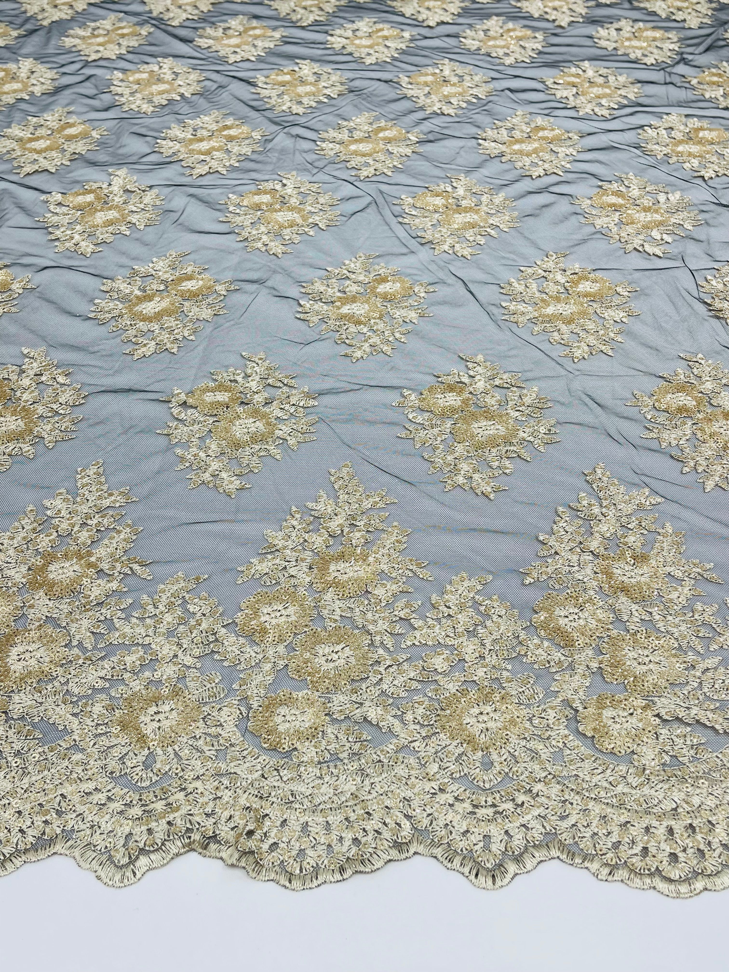 Floral Lace Fabric - Gold on Black Mesh - Flower Cluster Embroidery Design With Sequins on a Mesh