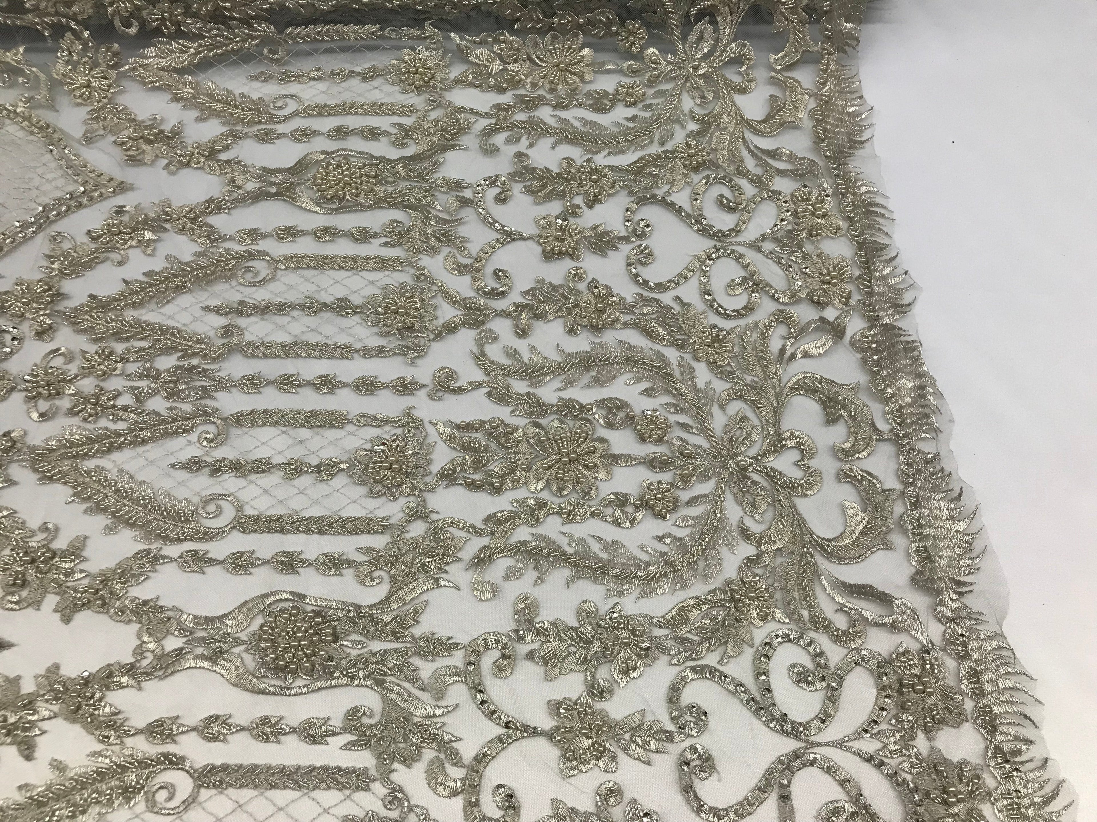 Silver Beaded Fabric Embroidered On A Mesh Lace Fancy Dress Fabric Sold By The Yard
