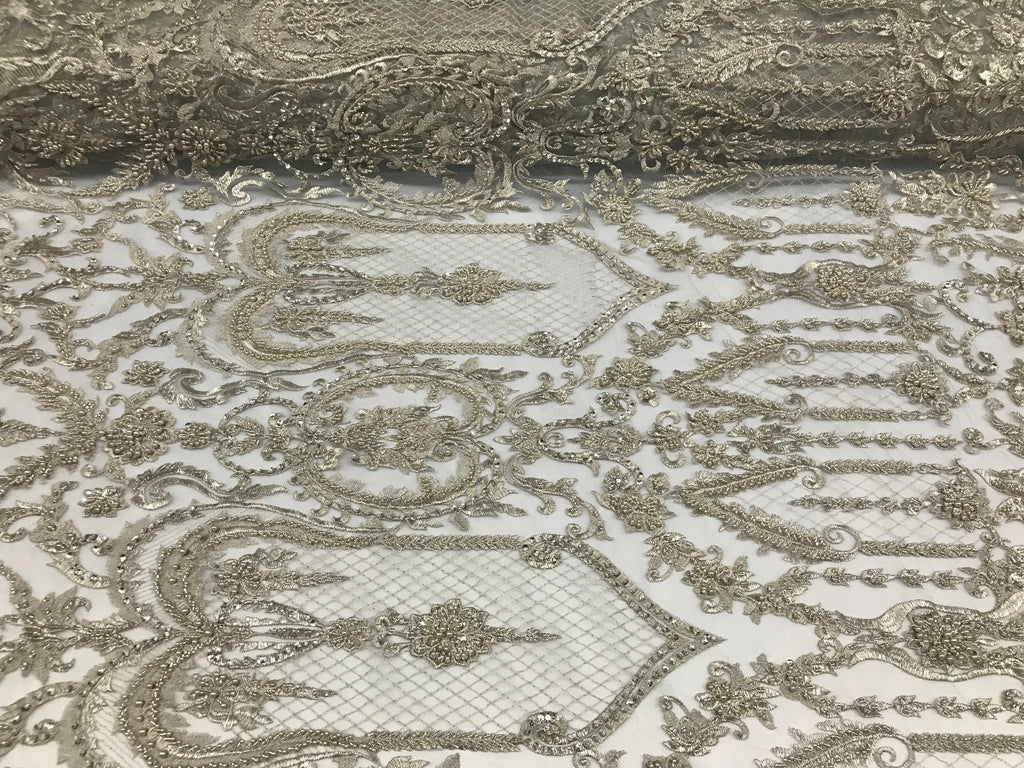 Silver Beaded Fabric Embroidered On A Mesh Lace Fancy Dress Fabric Sold By The Yard
