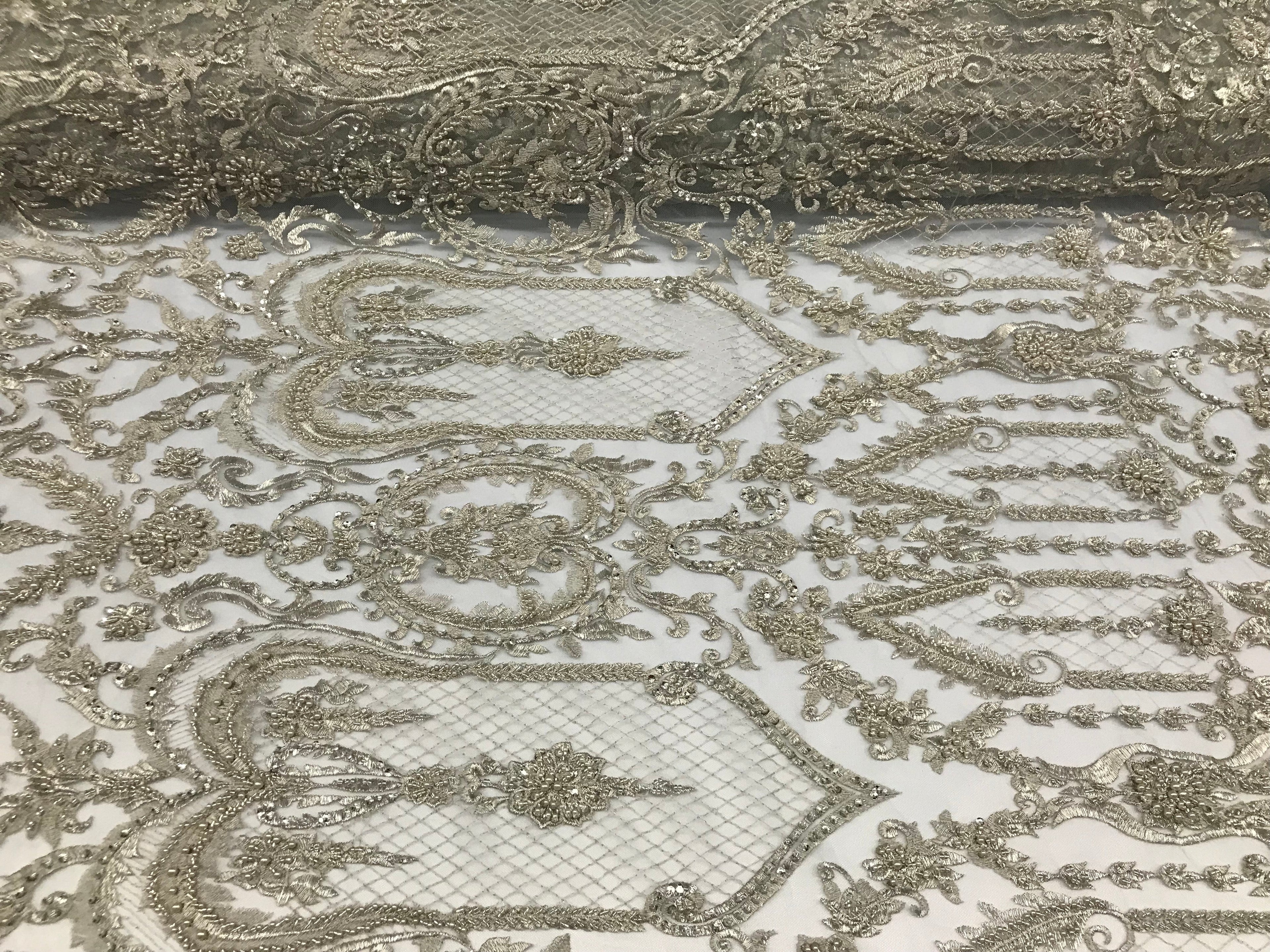 Silver Beaded Fabric Embroidered On A Mesh Lace Fancy Dress Fabric Sold By The Yard