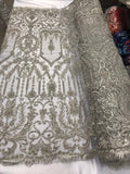 Silver Beaded Fabric Embroidered On A Mesh Lace Fancy Dress Fabric Sold By The Yard