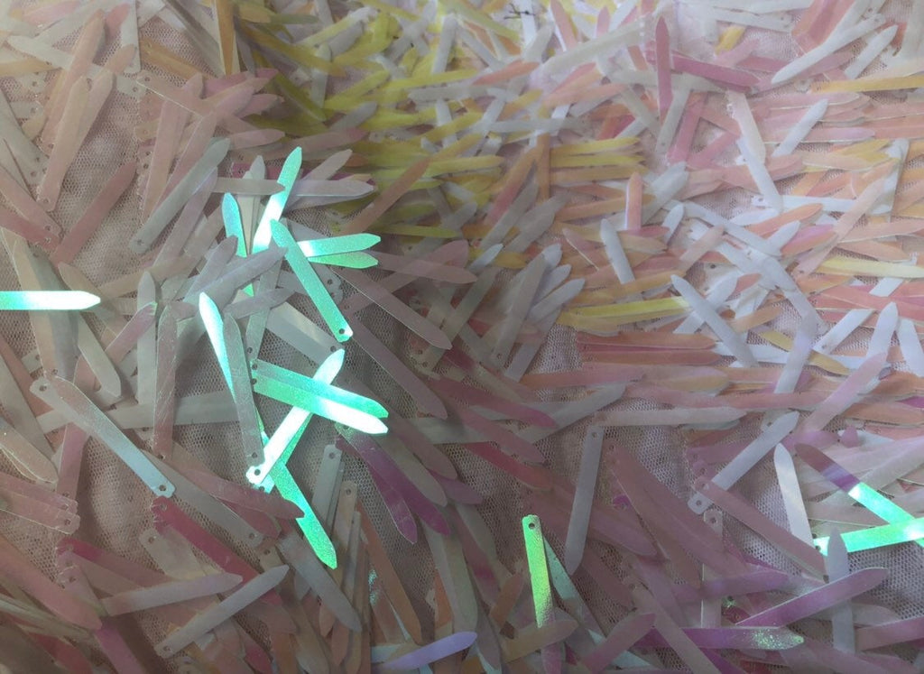 Sword Design Iridescent Pink Sequins Fabric Embroidery On A Mesh For Sold By The Yard