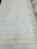Beaded - Ivory - Embroidered Floral Design Fancy Sequins Fabric with Beads Sold By The Yard