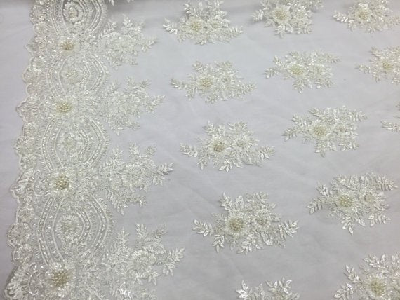 Beaded - Ivory - Embroidered Floral Design Fancy Sequins Fabric with Beads Sold By The Yard
