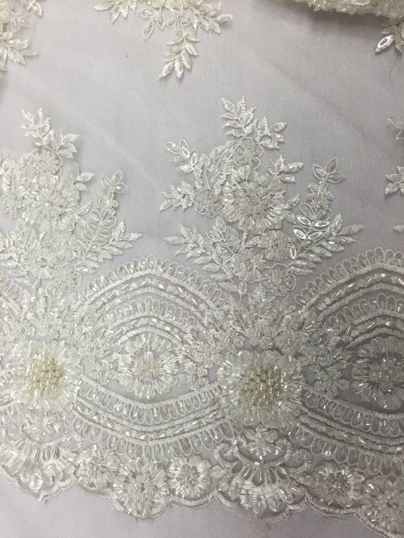 Beaded - Ivory - Embroidered Floral Design Fancy Sequins Fabric with Beads Sold By The Yard