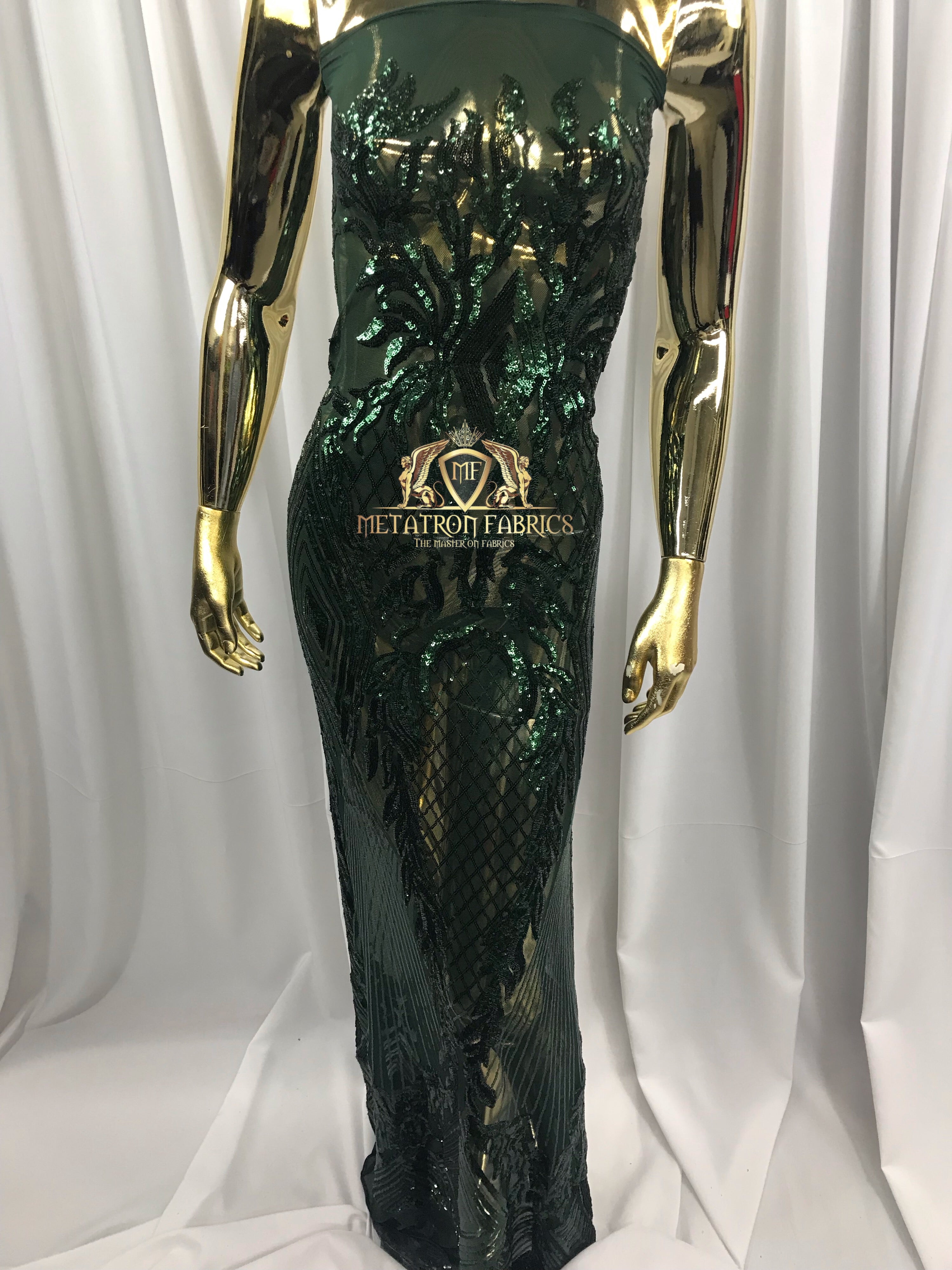 4 Way Stretch - Hunter Green - Triangle Design Sequins Fabric Embroidered Mesh Sold By The Yard
