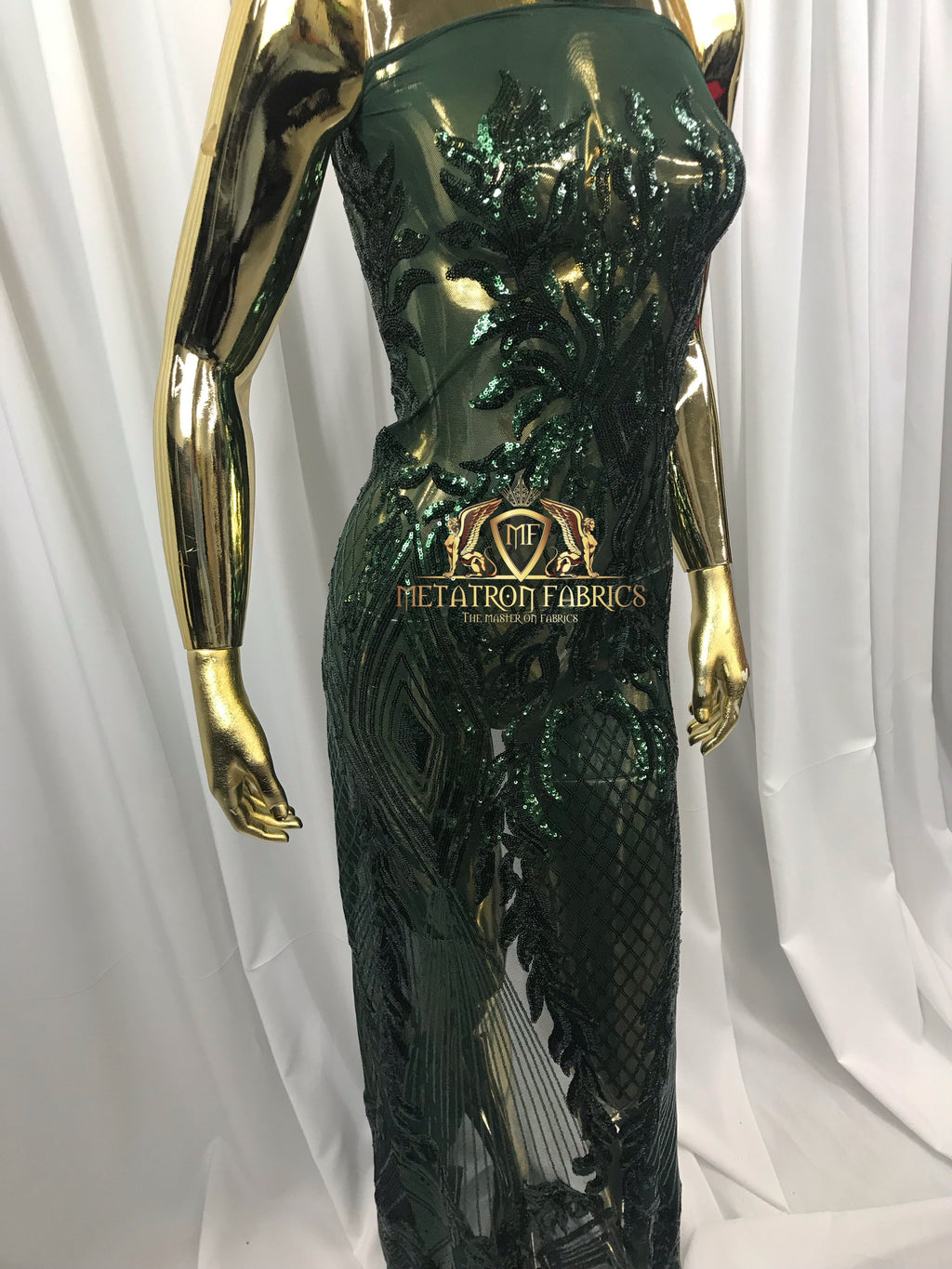 4 Way Stretch - Hunter Green - Triangle Design Sequins Fabric Embroidered Mesh Sold By The Yard