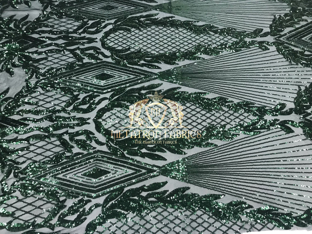 4 Way Stretch - Hunter Green - Triangle Design Sequins Fabric Embroidered Mesh Sold By The Yard