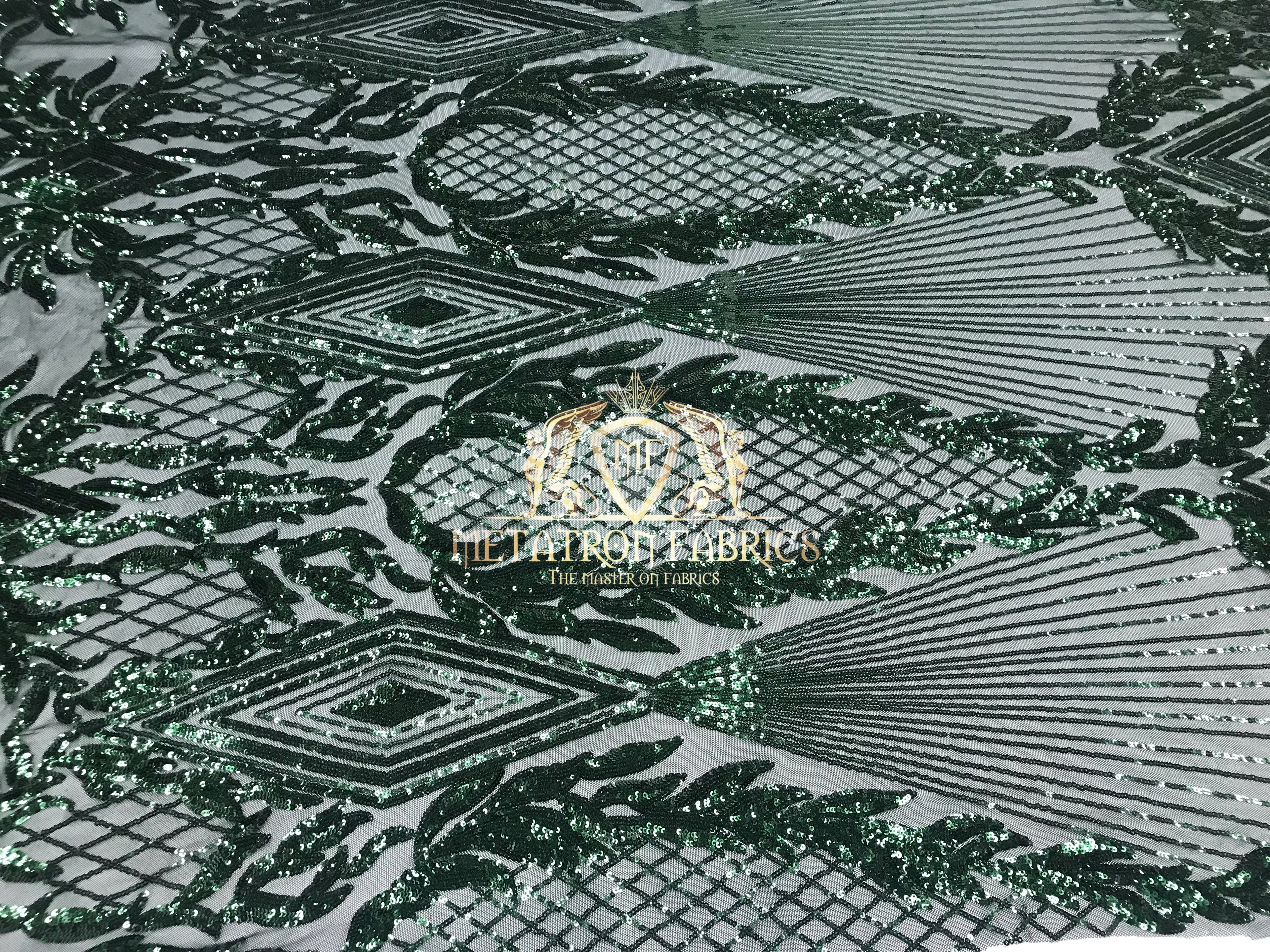 4 Way Stretch - Hunter Green - Triangle Design Sequins Fabric Embroidered Mesh Sold By The Yard