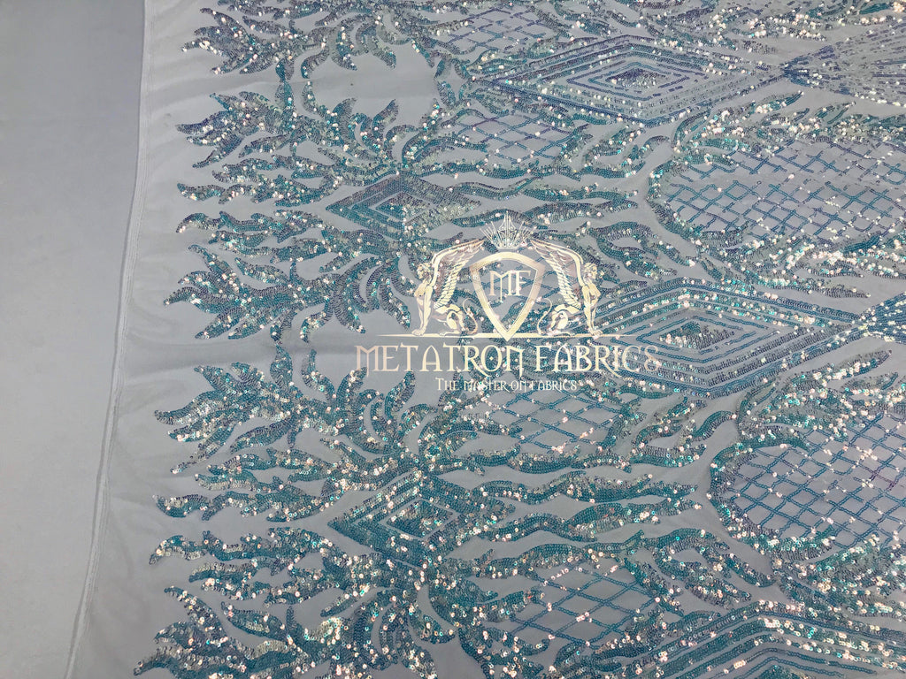 4 Way Stretch - Baby Blue - Triangle Design Sequins Fabric Embroidered Mesh Sold By The Yard