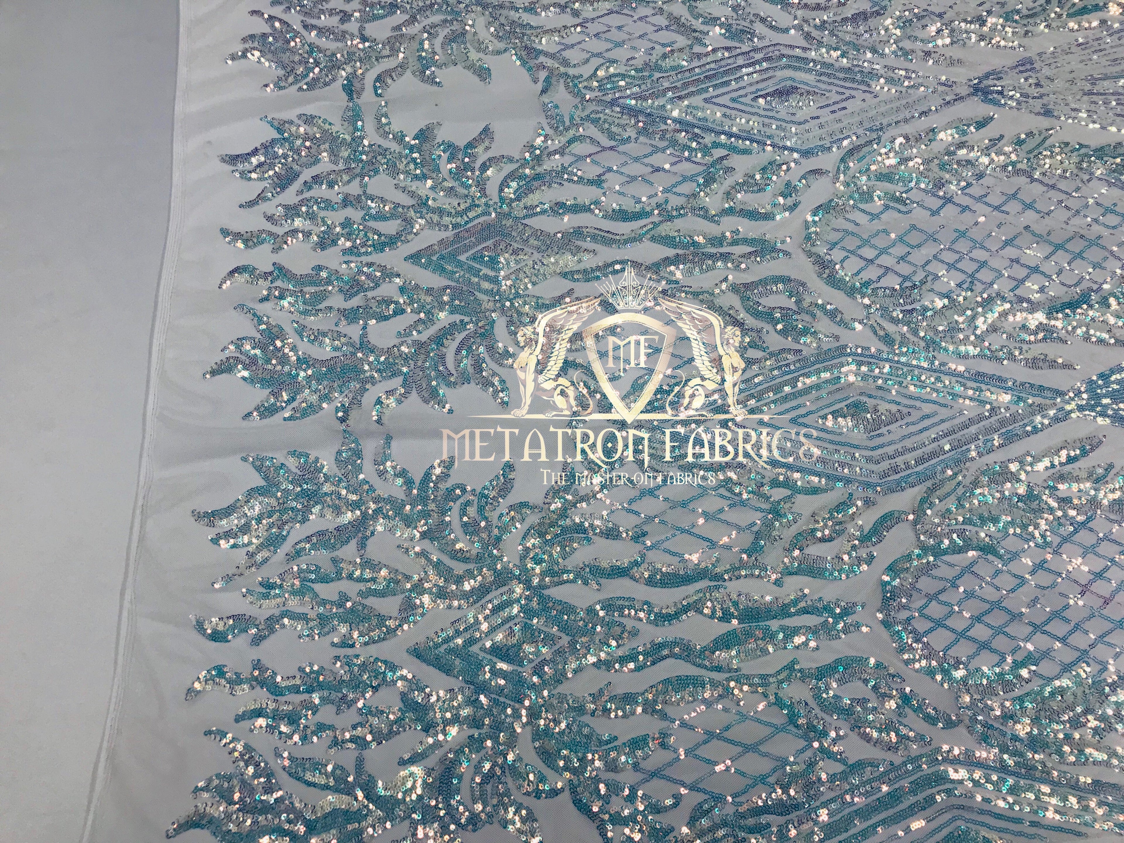 4 Way Stretch - Iridescent Clear - Triangle Design Sequins Fabric Embroidered Mesh Sold By The Yard