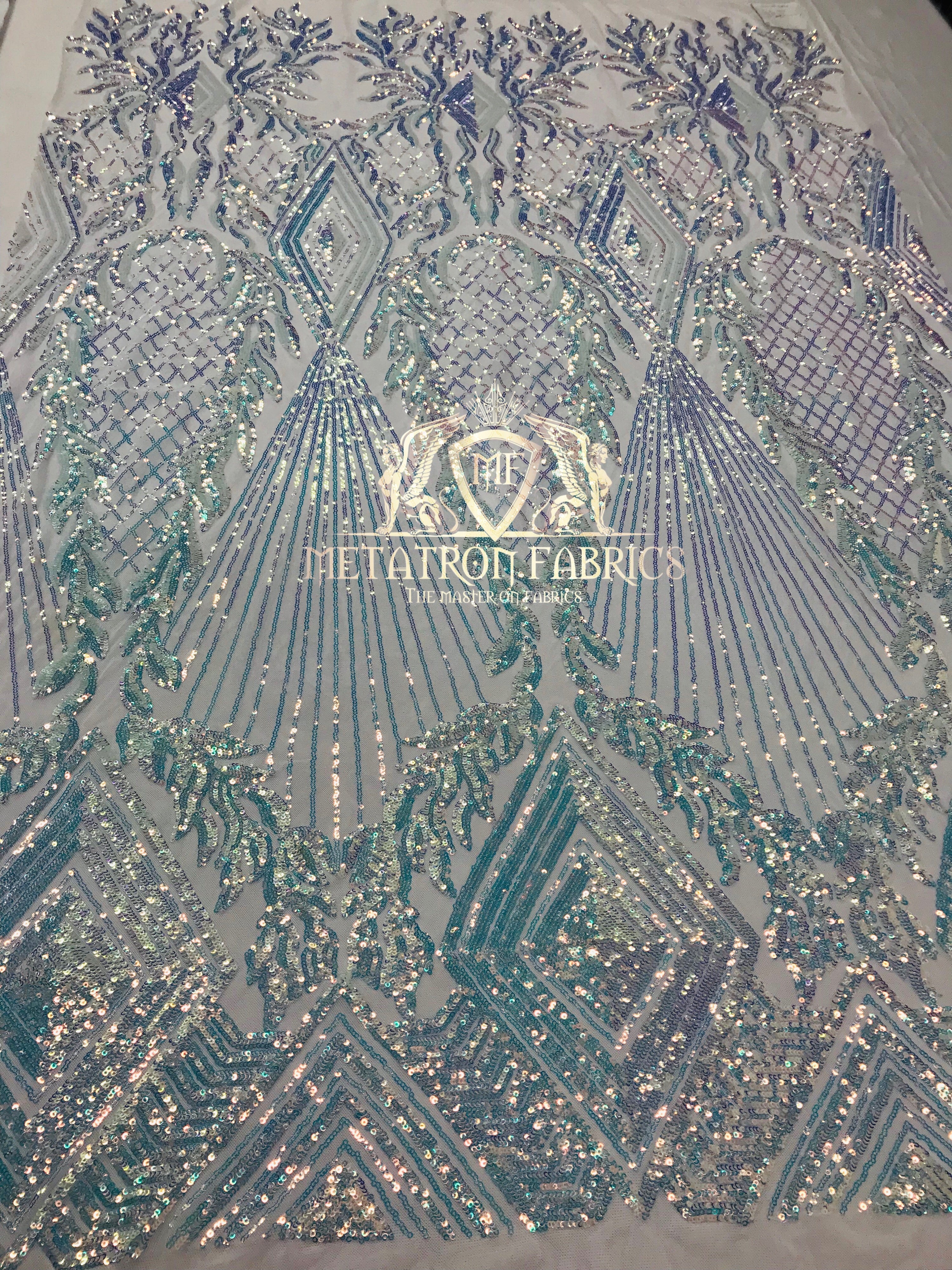 4 Way Stretch - Baby Blue - Triangle Design Sequins Fabric Embroidered Mesh Sold By The Yard