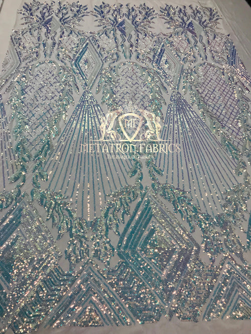 4 Way Stretch - Baby Blue - Triangle Design Sequins Fabric Embroidered Mesh Sold By The Yard