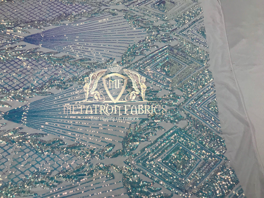 4 Way Stretch - Iridescent Clear - Triangle Design Sequins Fabric Embroidered Mesh Sold By The Yard