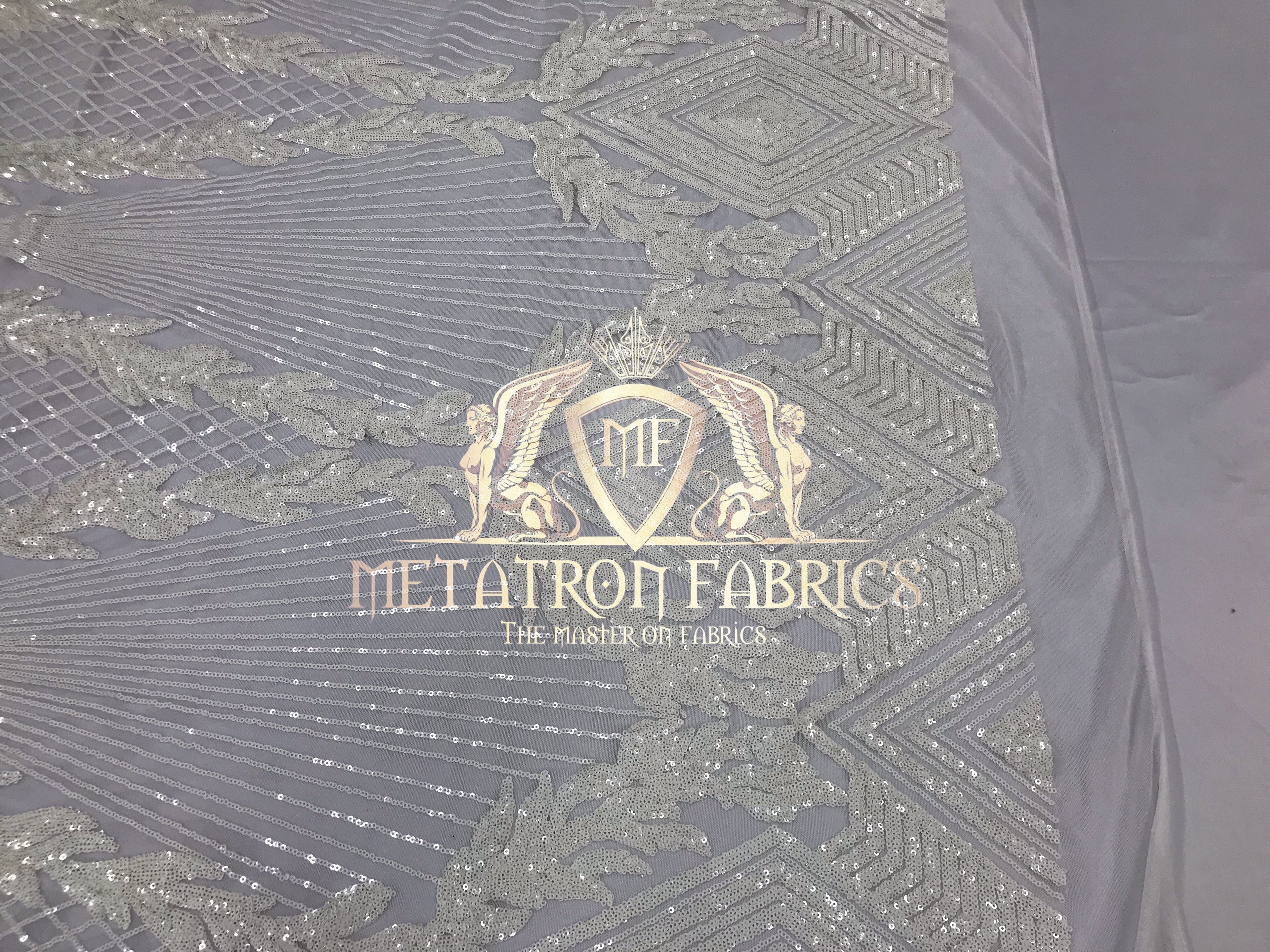 4 Way Stretch - White - Triangle Design Sequins Fabric Embroidered Mesh Sold By The Yard