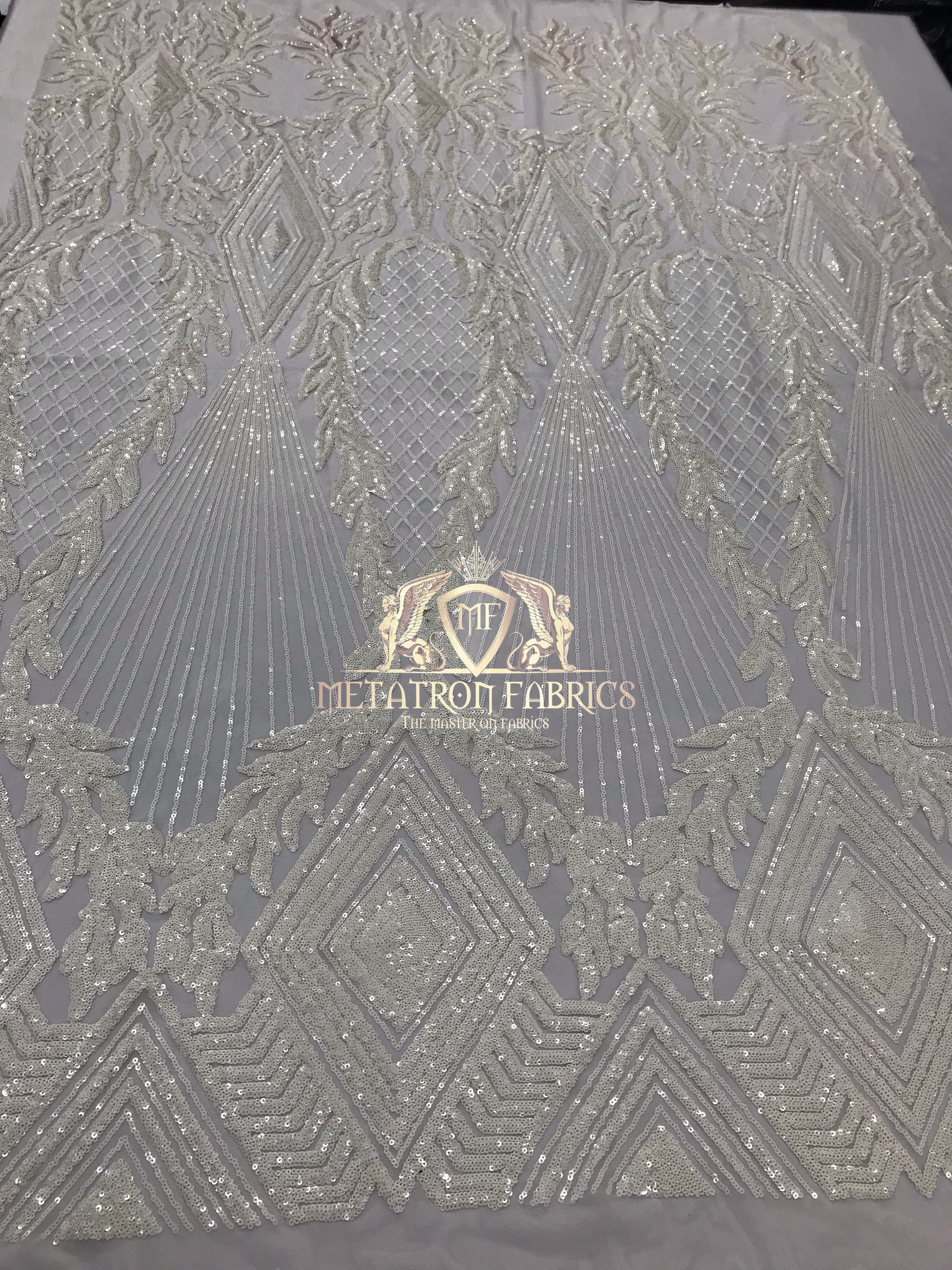 4 Way Stretch - White - Triangle Design Sequins Fabric Embroidered Mesh Sold By The Yard