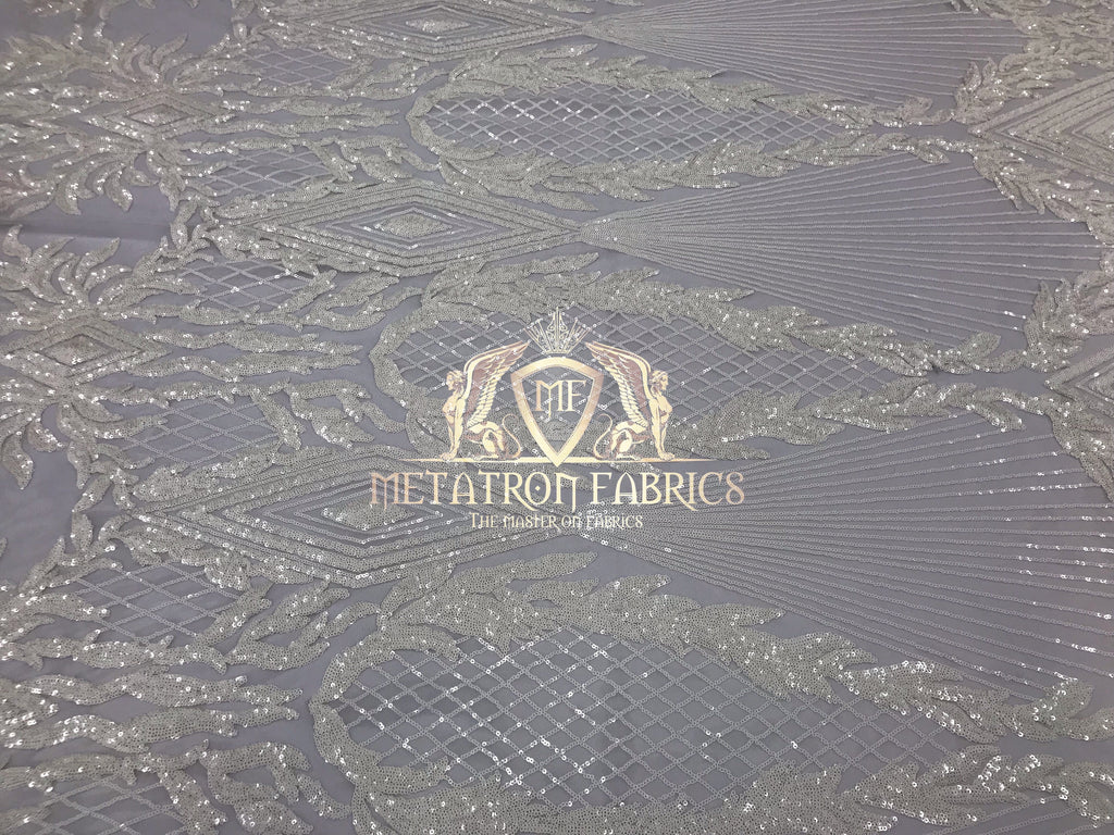 4 Way Stretch - White - Triangle Design Sequins Fabric Embroidered Mesh Sold By The Yard