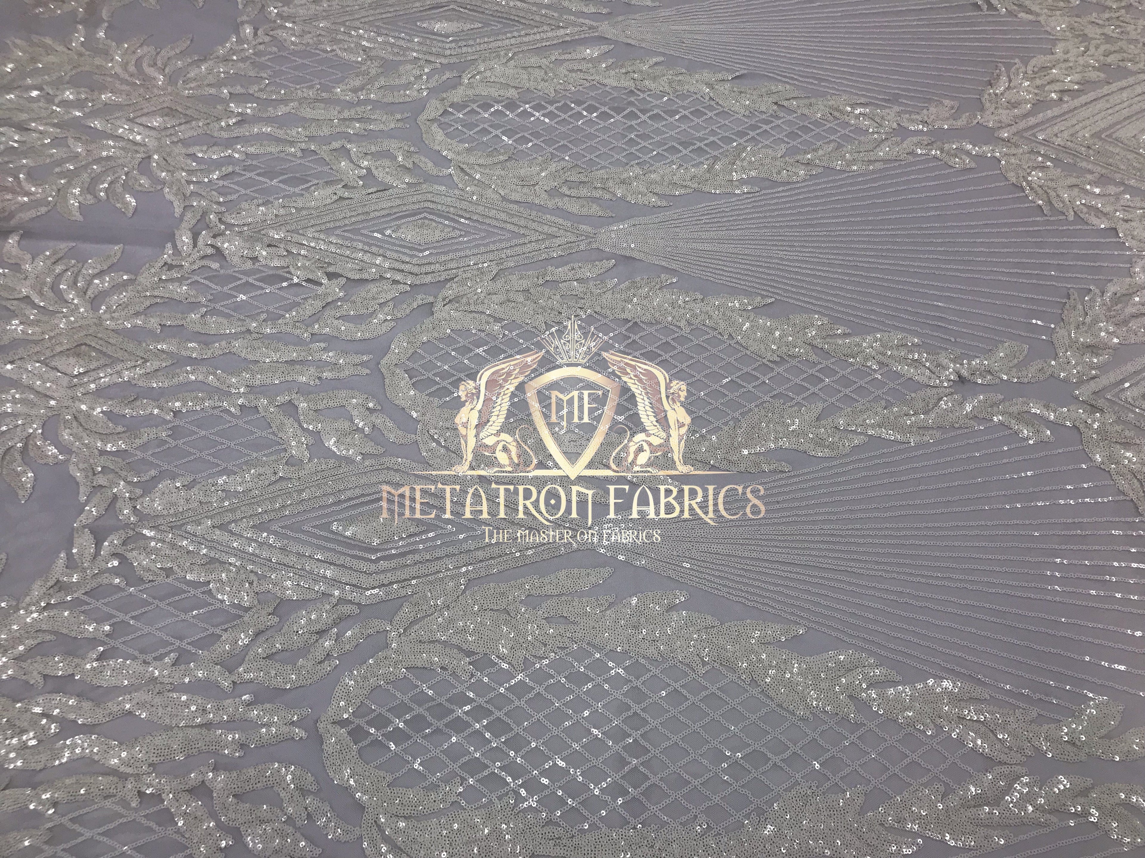 4 Way Stretch - White - Triangle Design Sequins Fabric Embroidered Mesh Sold By The Yard