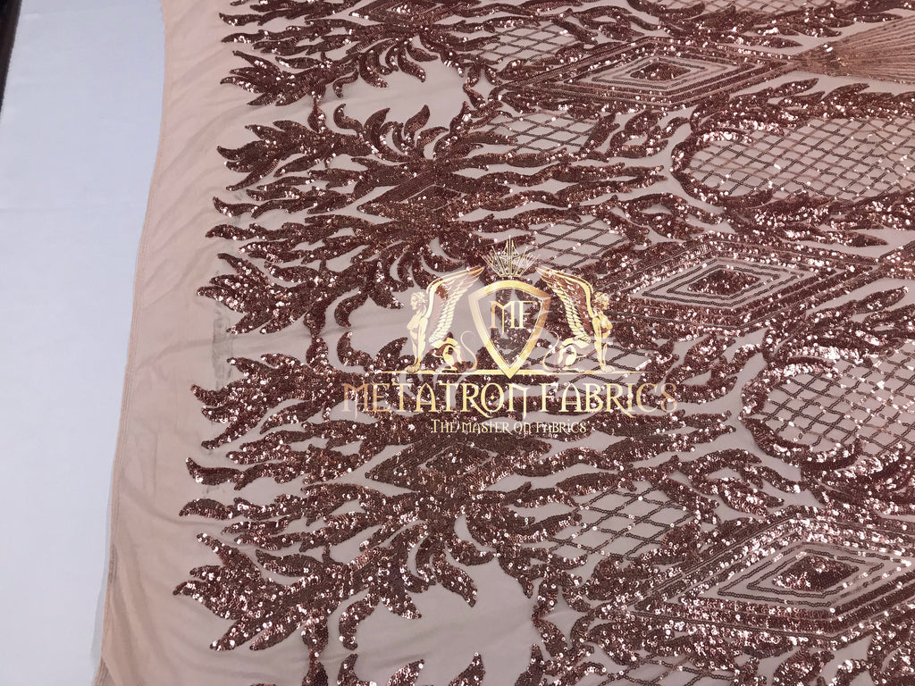 4 Way Stretch - Pink - Triangle Design Sequins Fabric Embroidered Mesh Sold By The Yard