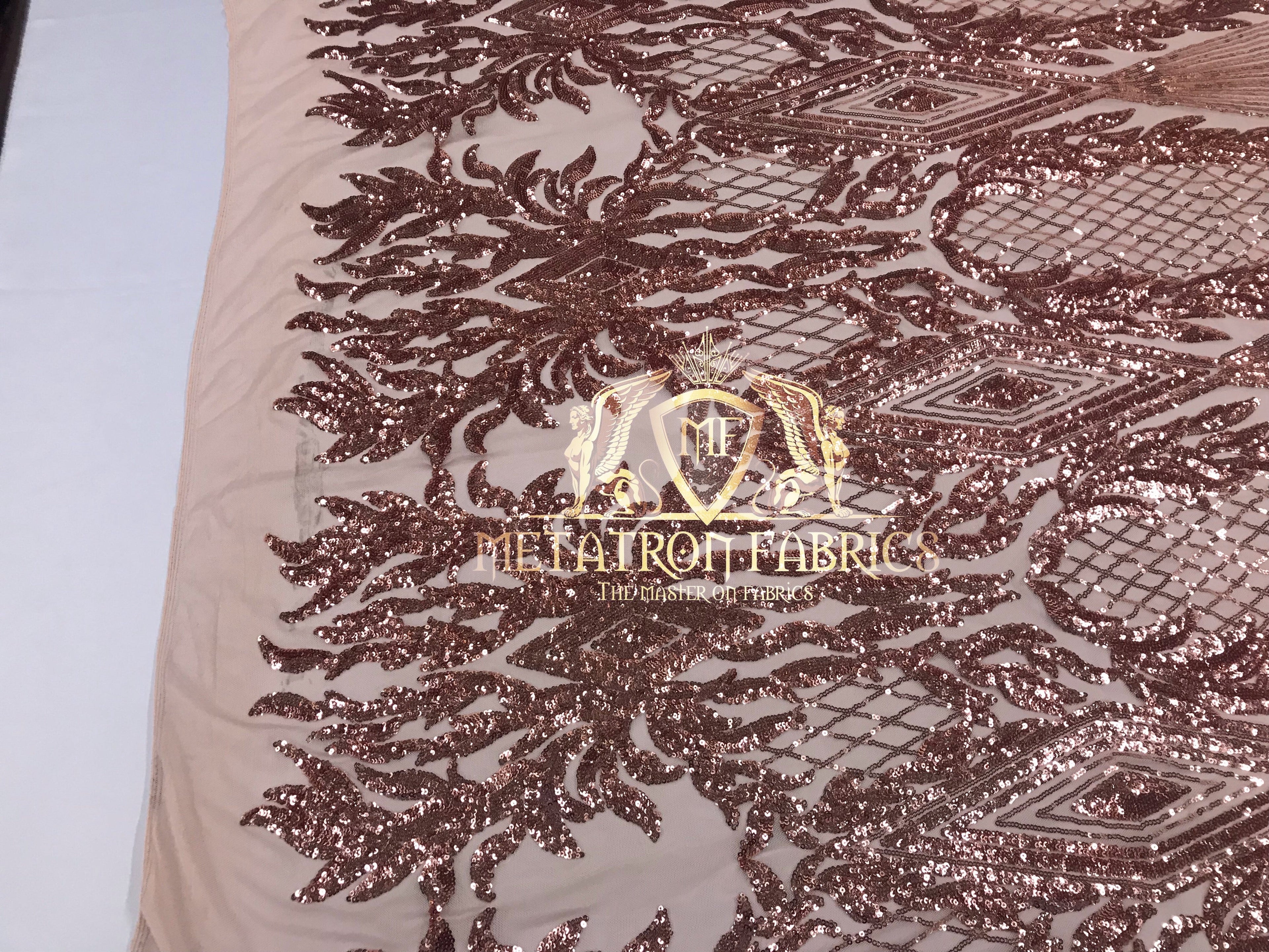 4 Way Stretch - Pink - Triangle Design Sequins Fabric Embroidered Mesh Sold By The Yard