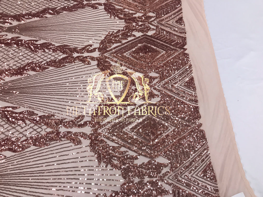 4 Way Stretch - Pink - Triangle Design Sequins Fabric Embroidered Mesh Sold By The Yard